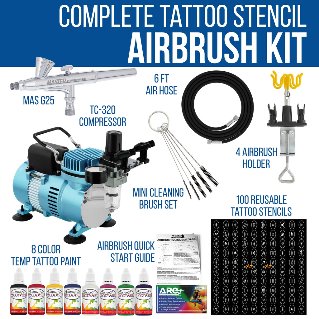 Compressor System 8 Color Air Set, Art Master Paint Body Stencil Airbrush, Kit Airbrush 100 Temporary Custom with Tattoo