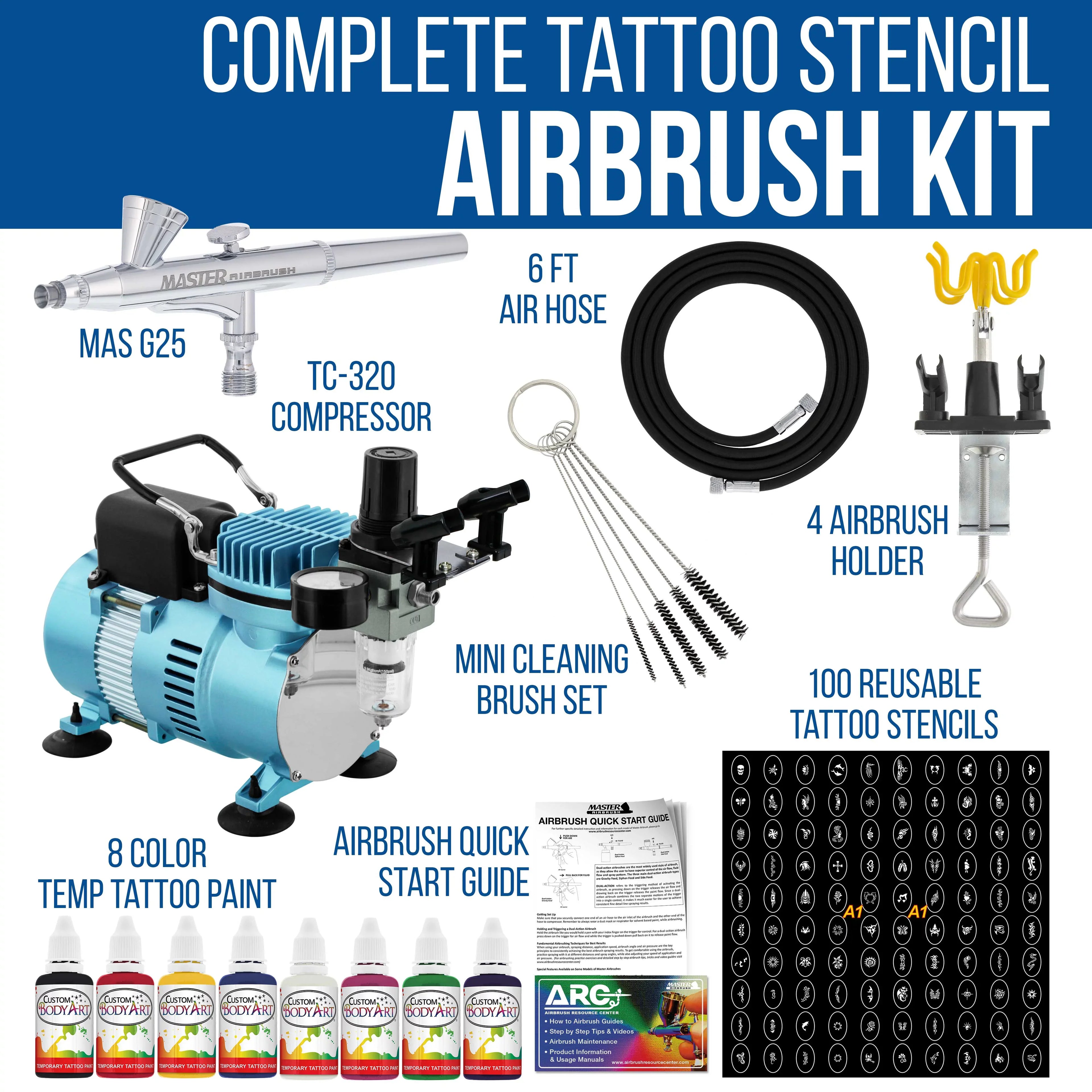 Compressor System 8 Color Air Set, Art Master Paint Body Stencil Airbrush, Kit Airbrush 100 Temporary Custom with Tattoo