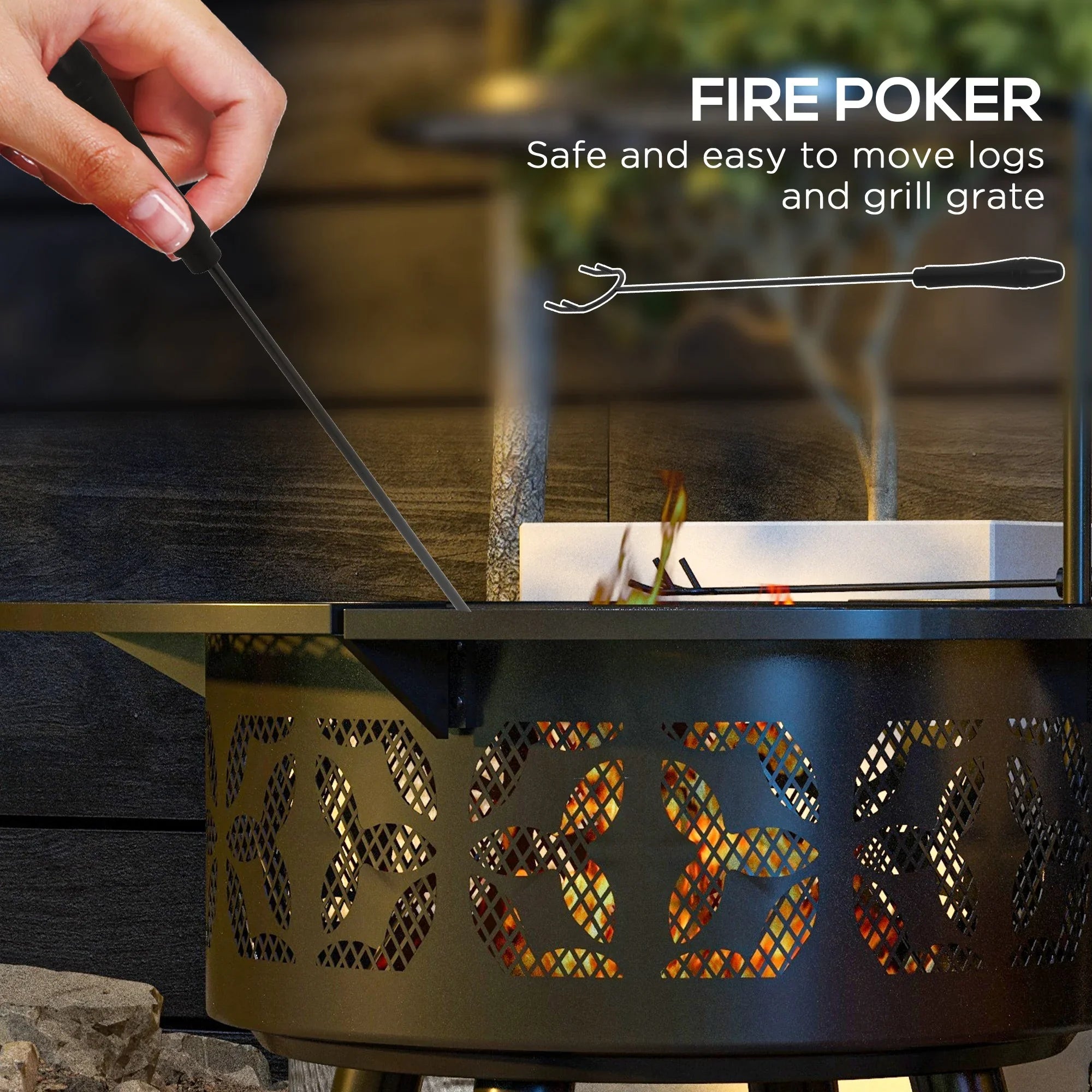for Burning Cooking Outdoor with Round, Poker, 33" Grill Black Backyard, Grate BBQ Picnic, Fire and Wood Adjustable Capri Firepit Pit Patio,