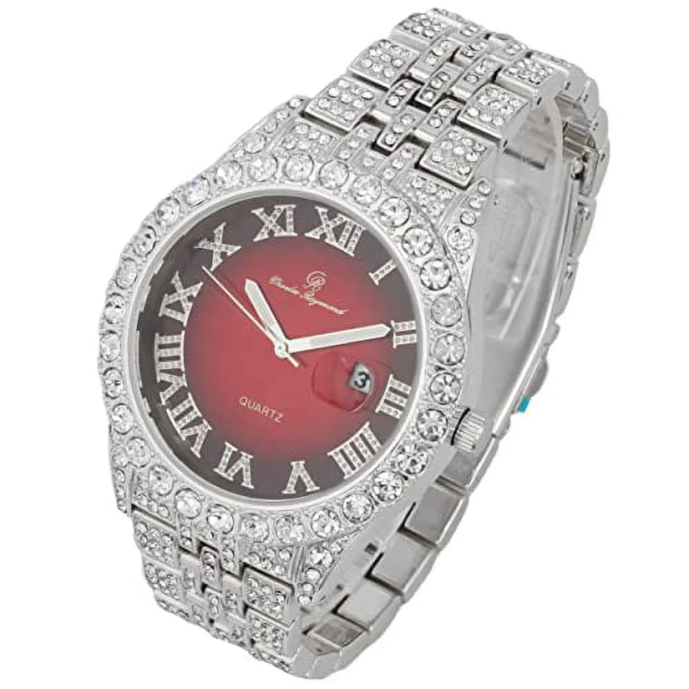 Date Hip Fully Read w/Easy ST0226RND Big RED Cuban Blinged Hop Dials- Rocks - Silver w/Roman Watch Out Numerals Raymond Timepiece Iced Mens Designer Colorful Out and Charles