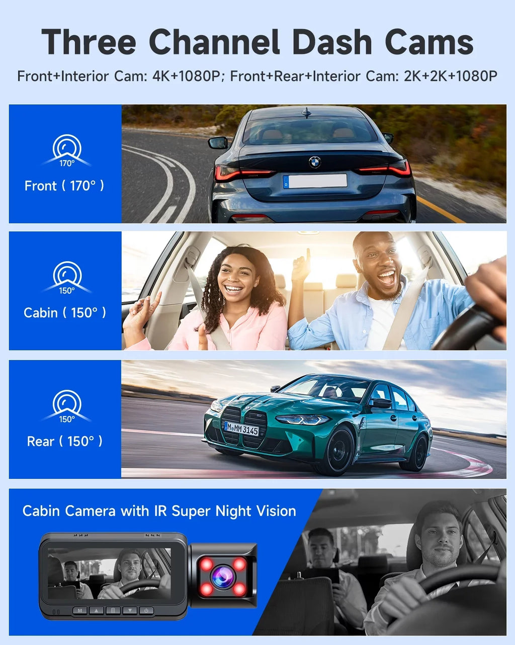 Loop with Rear Dash Rear Vision, Night and GPS, Inside Car Dash IR Parking Camera 3 Channel Front Cam Motion TOGUARD Camera Monitor, 4K Recording, G-sensor, Detection Front