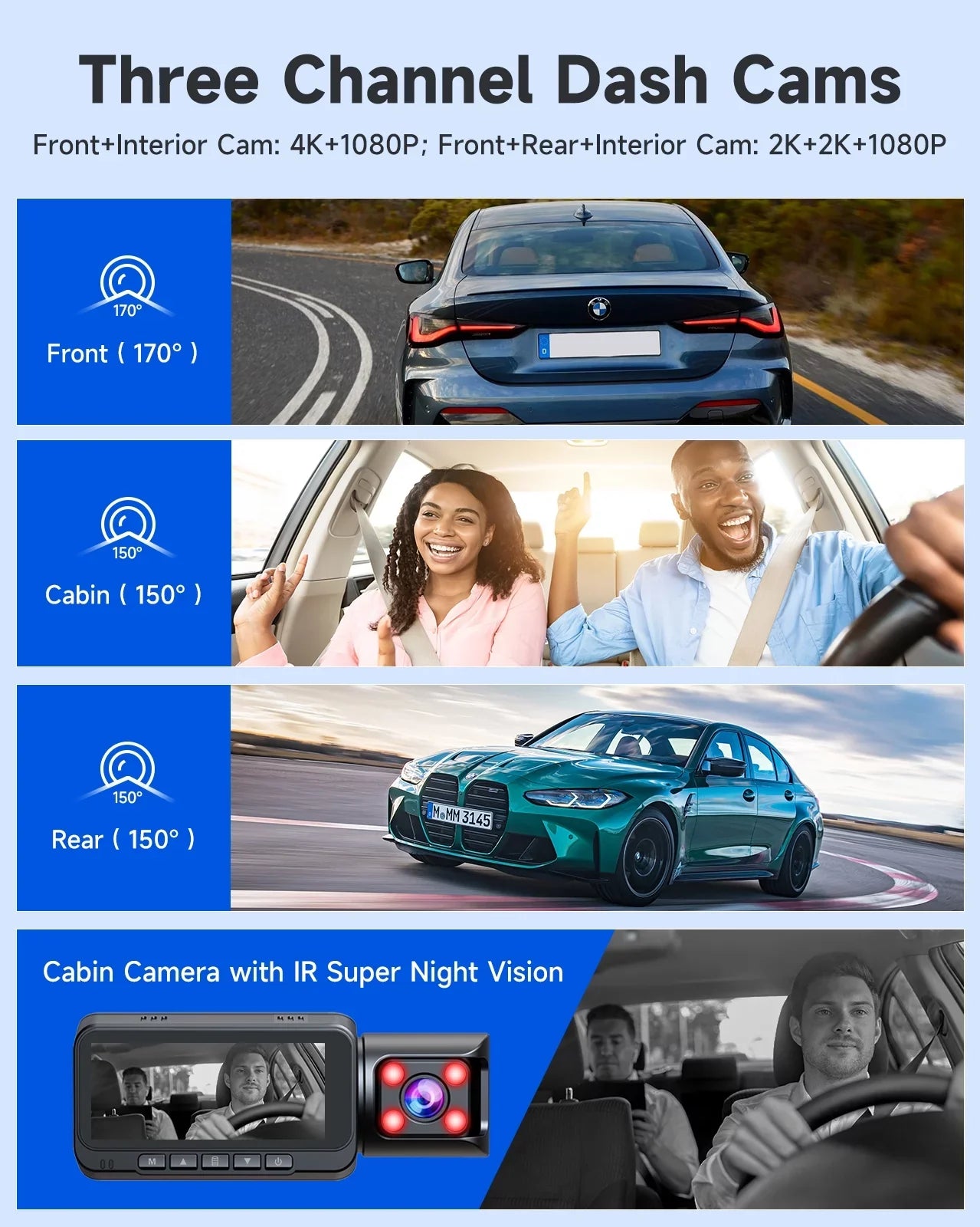 Loop with Rear Dash Rear Vision, Night and GPS, Inside Car Dash IR Parking Camera 3 Channel Front Cam Motion TOGUARD Camera Monitor, 4K Recording, G-sensor, Detection Front