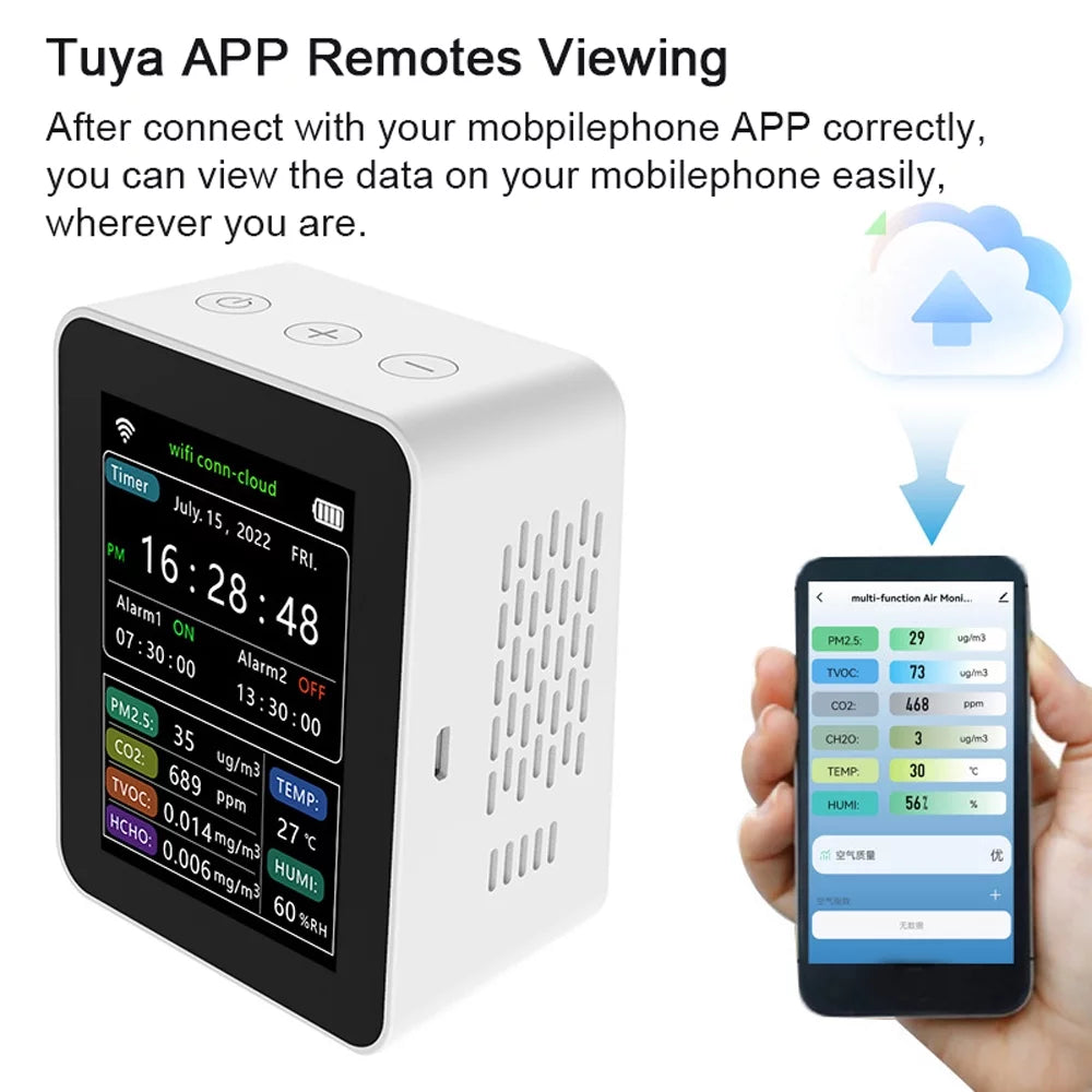 Alarm Date Quality Carevas Mobilephone Air Detector Display 1 TVOC CO2 Viewing Quality Home Week Sets Moni Remotes Desktop Humidity Detector PM2.5 Indoor Time HCHO 2 Intelligent WiFi 6 Air In APP