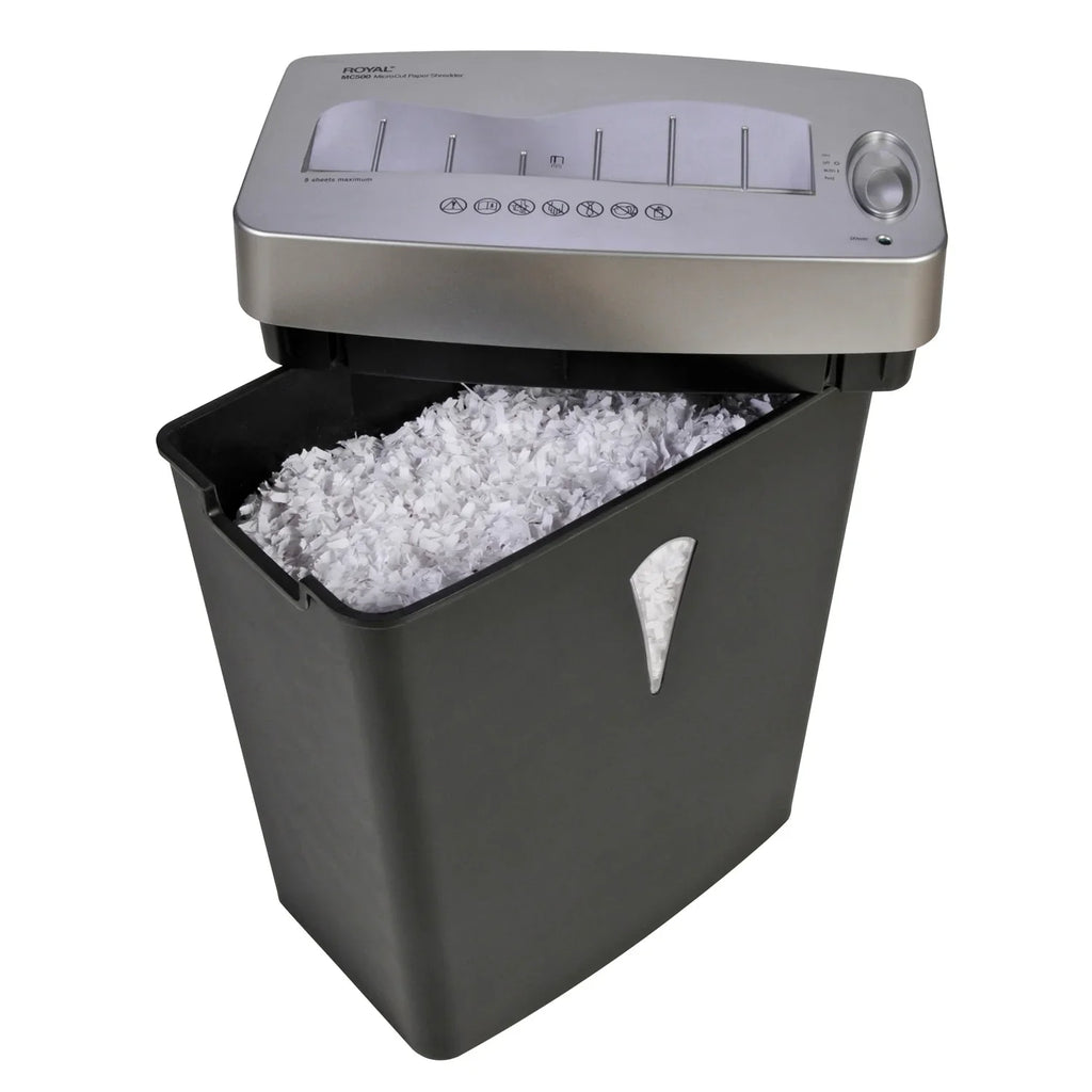 for Pass - Black, - gal 5 Shred Silver Capacity Credit - - Per 4 MC500 x shredding - Card Size - Royal Paper Wastebin Paper, Cut 0.394" 0.157" Micro Shredder