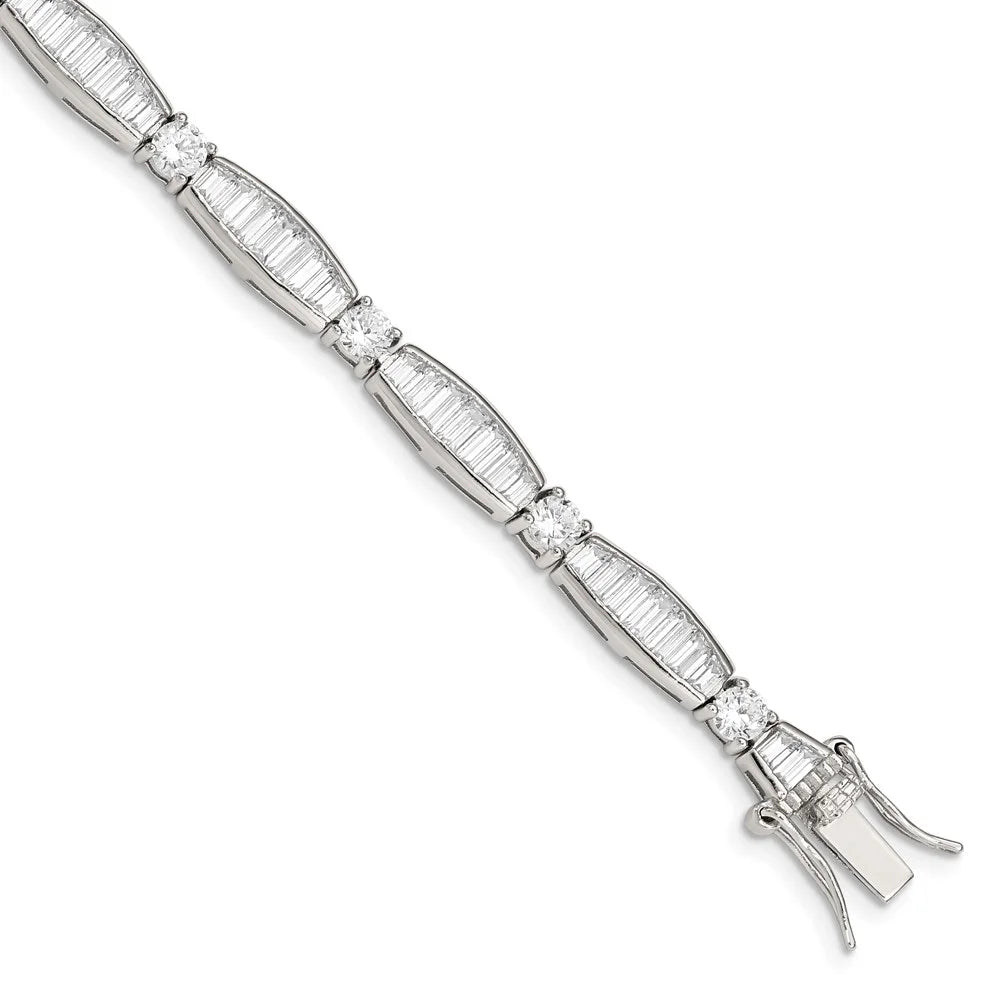 Sterling QQX400CZ Rhodium-plated Silver Baguette CZ Bracelet Round and