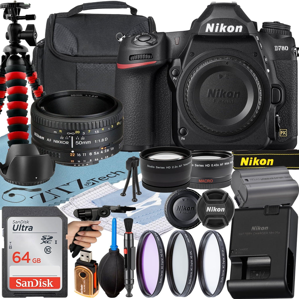SanDisk Nikon 64GB + AF + Accessory D780 DSLR 3 Camera + Card 50mm + Pieces + with Filter Bundle NIKKOR f/1.8D Case Flash Lens ZeeTech