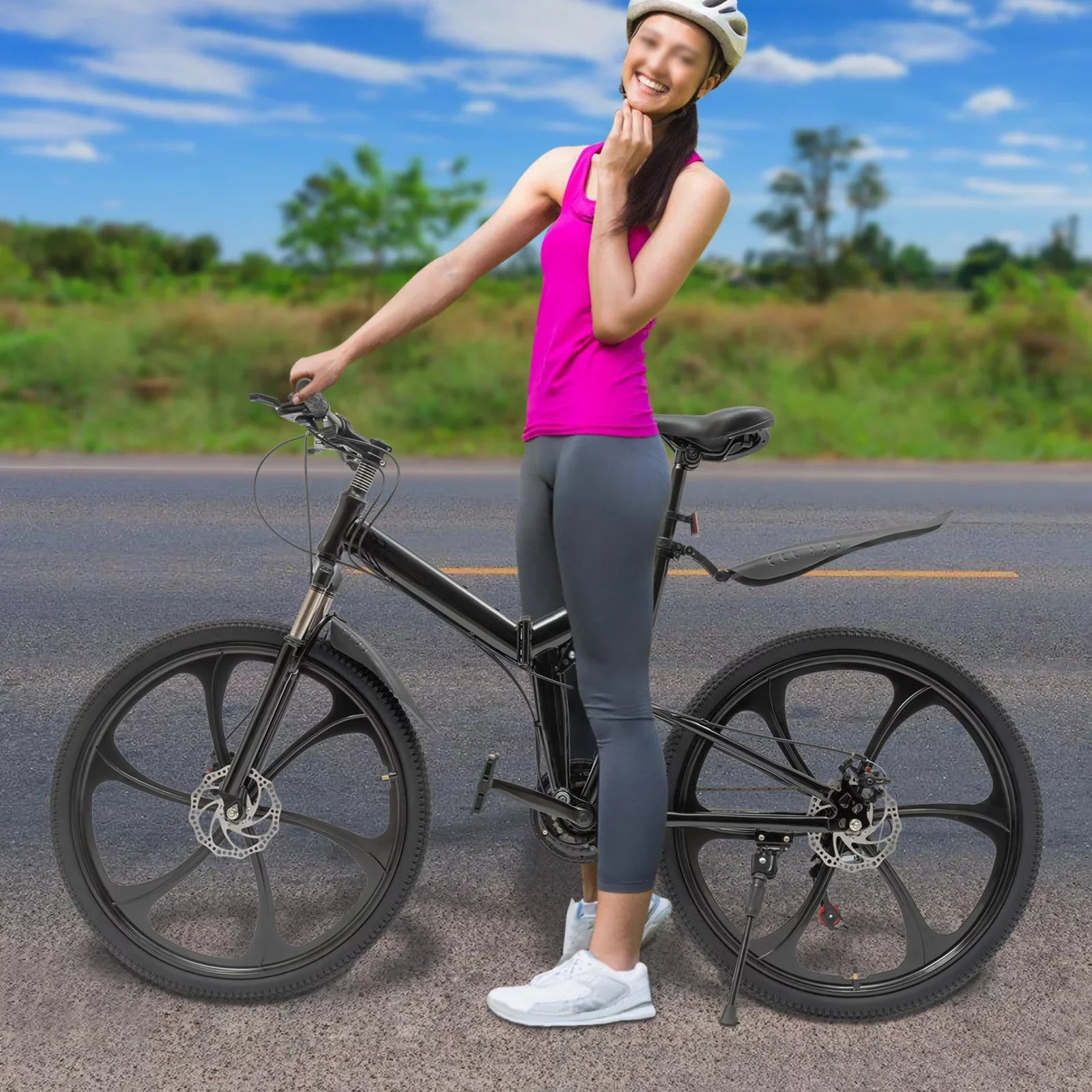 26" Mountain & Double Height Frame Steel Women for 21-Speed Disc Adjustable Bicycle Shifter Men Bike, Brake Black Folding City