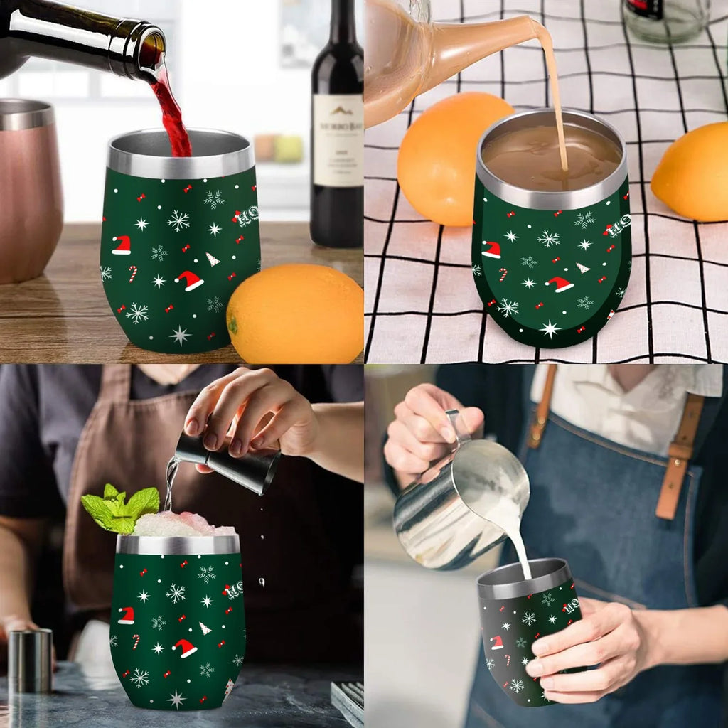 Eggshell Layer Cup Insulated Cup Tree Double Cups Wine Vacuum Tumbler Steel Hidove with Christmas Cups, with and Red Shape Insulation 12oz Lid, Green Color Big Stainless Cup 304 Belly U