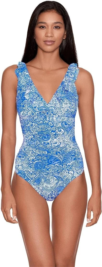 Swimsuit Tummy-Control Printed Lauren Ralph Ruffled One-Piece