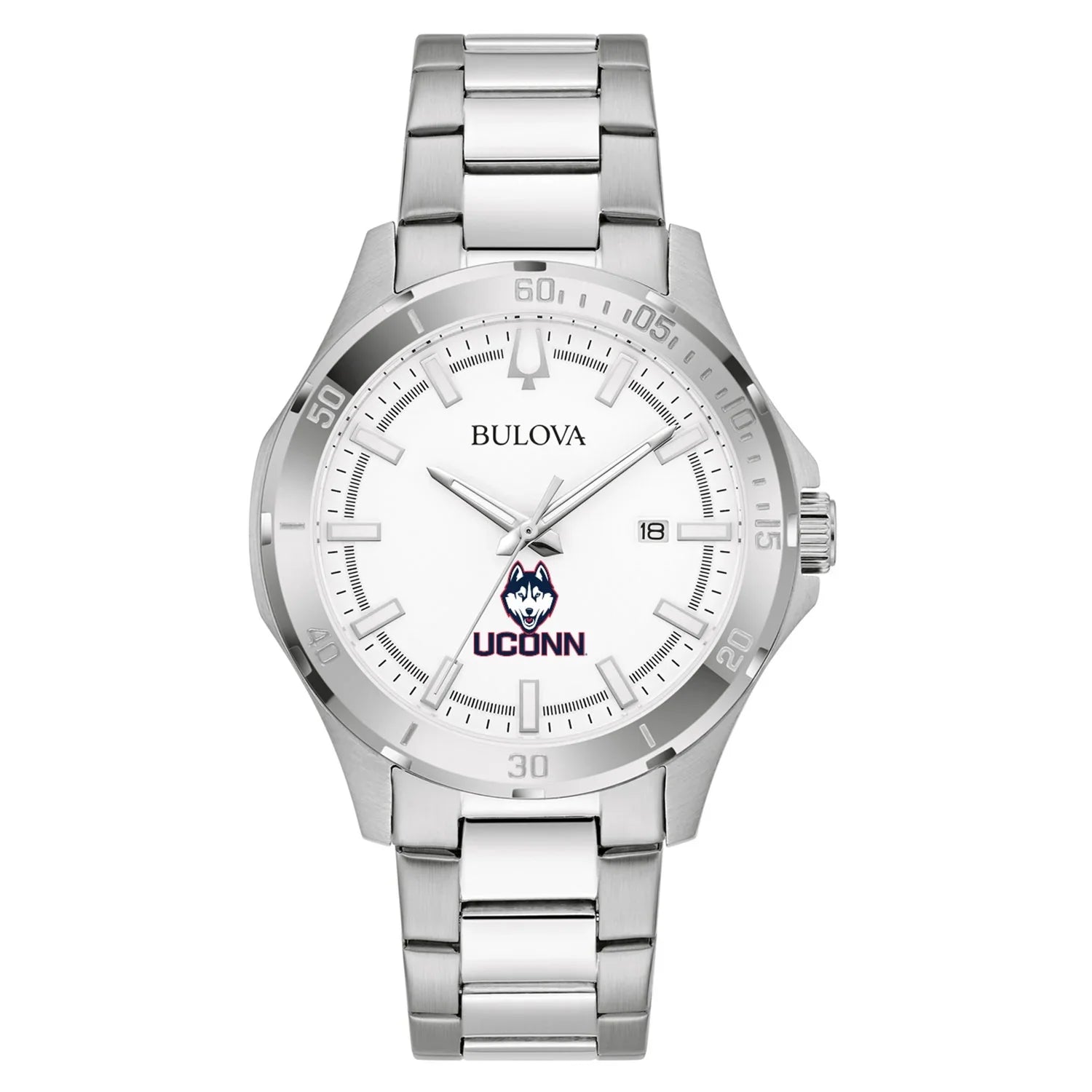 Silver Stainless Steel Classic Sport UConn Huskies Bulova Watch Men's