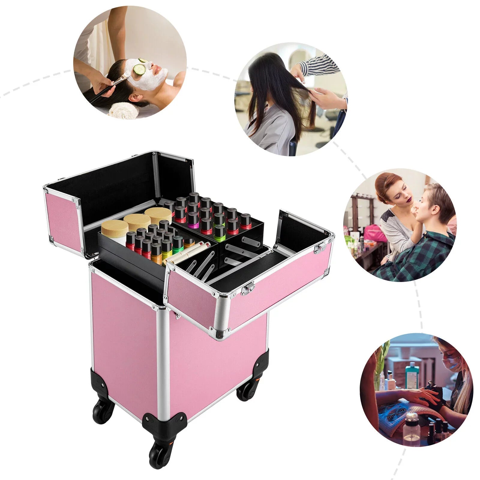 Makeup Cosmetic Trolley Large Adjustable Barber Organizer Miumaeov Personal Case Dividers for Travel Salon Care Cosmetic Professional Train Case Case Beauty Storage Rolling