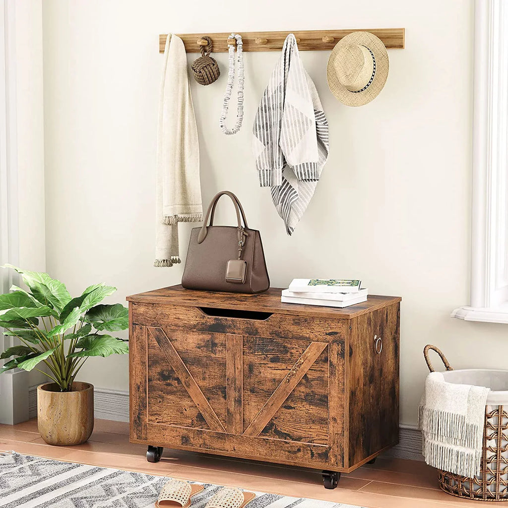220 Rustic Trunk Brown Bench, Chest, Storage Wooden Hinge, Supports Shoe Opening, U-Shaped Easy Storage Sturdy FG74CW01 Wheels, Movable, Bench Bench, lb, Entryway Assembly, Storage on Safety