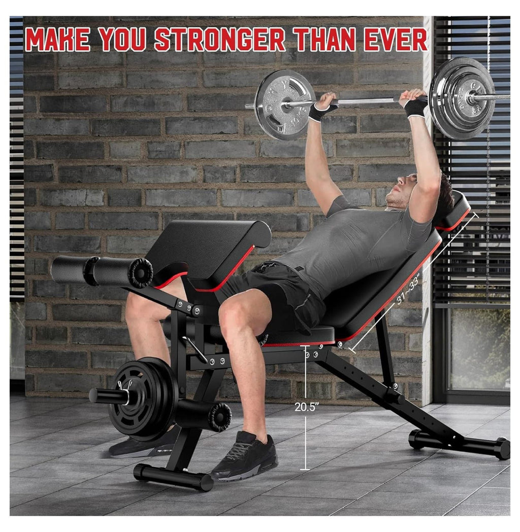 Capacity for Workout, Gym Bench, Incline Full Bench Weight Adjustable Extension Headrest, Home Decline Body Weight Flat Workout with and Exercise Leg Pad, Extended Preacher Bench 900Lbs