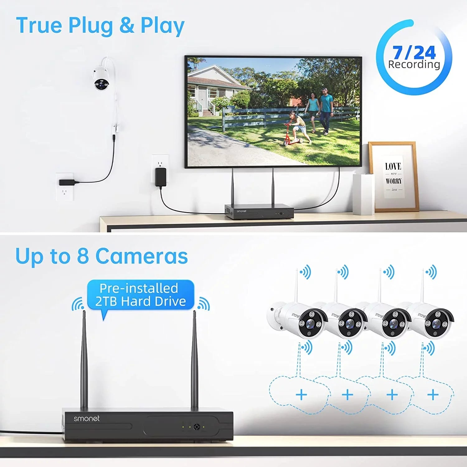 Cameras System Detection NVR than Outdoor HDD, Human System,Clearer 3MP Audio Surveillance WiFi Channel Camera Indoor 1080P,Night CCTV Kits, Vision,AI Security with 4Pcs with 8 Wireless 2TB SMONET