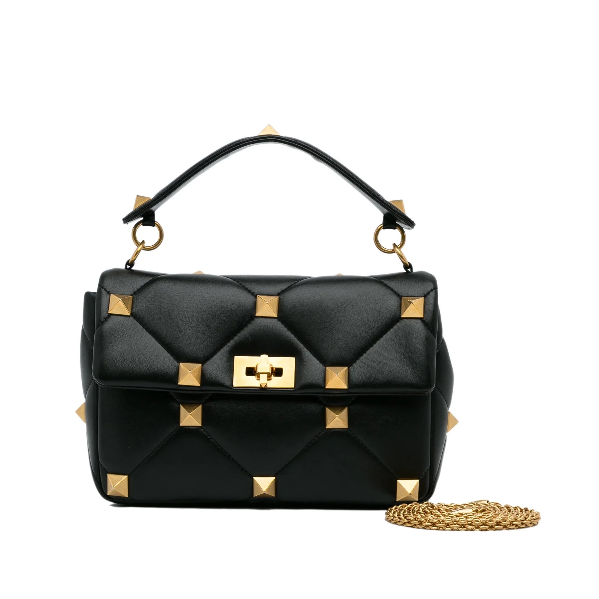 Medium Calf Stud Pre-Owned Satchel Unisex (Good) Black Authenticated Roman Valentino Leather
