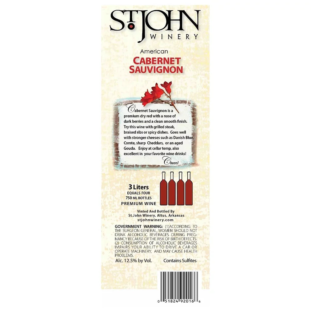 Cabernet St. Arkansas, Servings-150ml 3L John Sauvignon Red Wine, ABV, Winery Each Box -20 13.5%