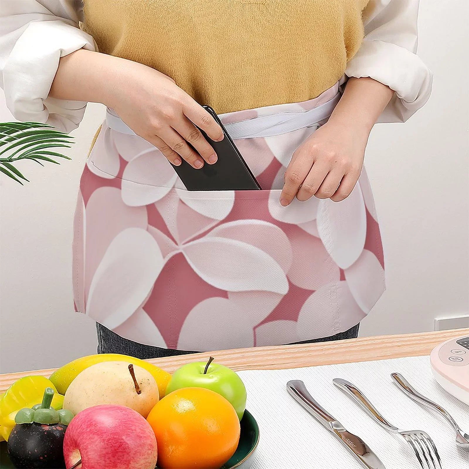 Material Apron Cooking Petal Durable Half Body Polyester Pink and Pocket Women's with Fashionable
