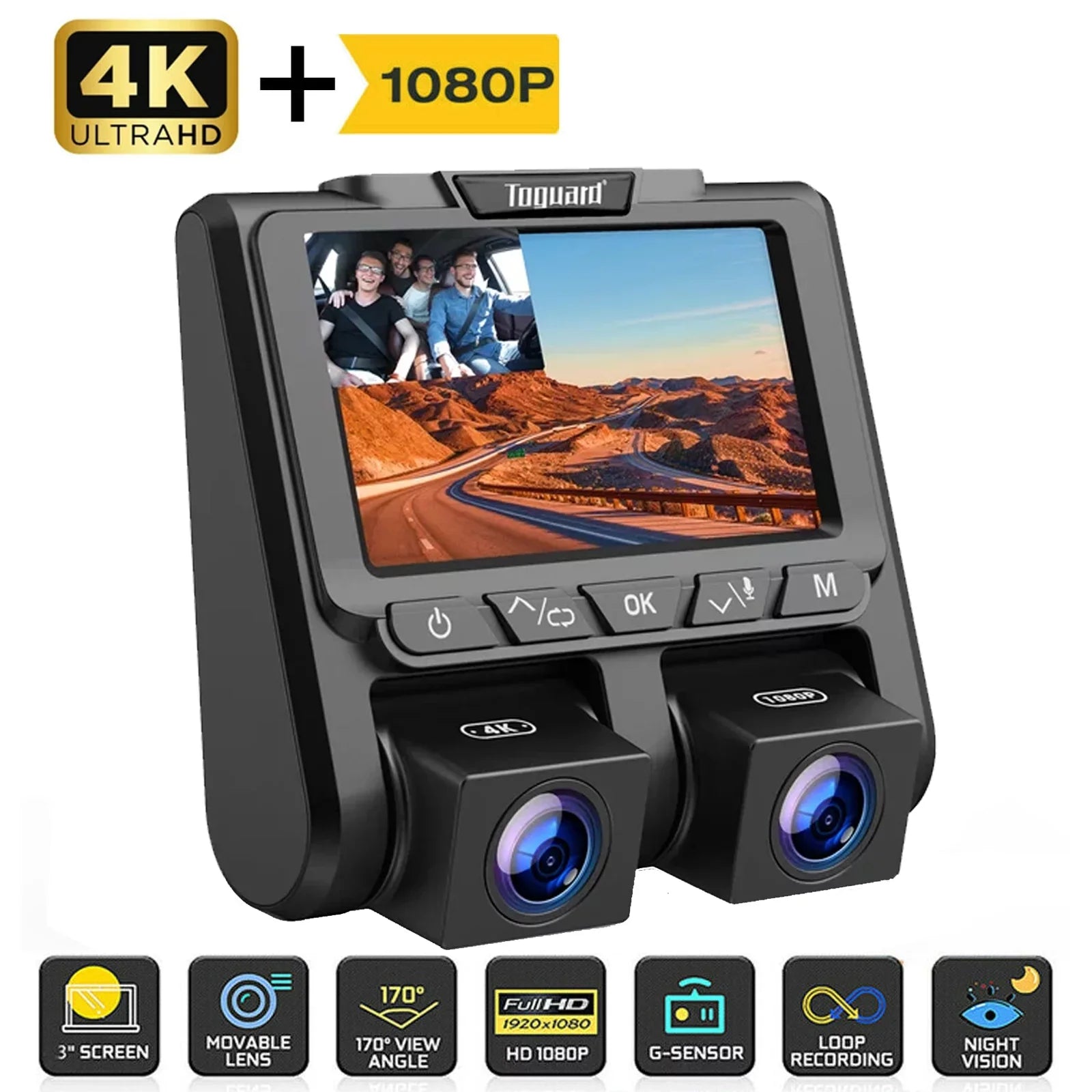 Camera Loop Screen 4K+1080P Mode Dash 3" and Recording G-Sensor 4K TOGUARD Parking Camera Inside Car Cam LCD Dash Front