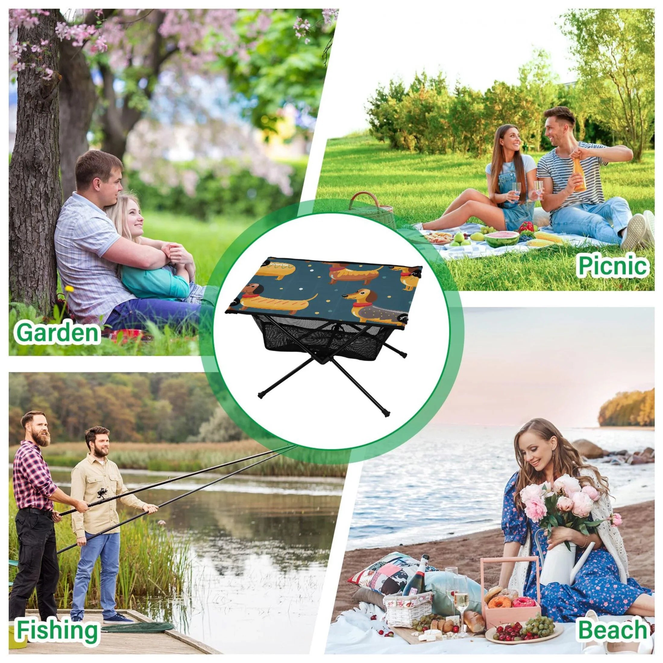 Fishing Camping Table Compact Cartoon Travel Table Dogs Table Outdoor Beach with Storage Portable Picnic Dachshund for Folding BBQ Bag