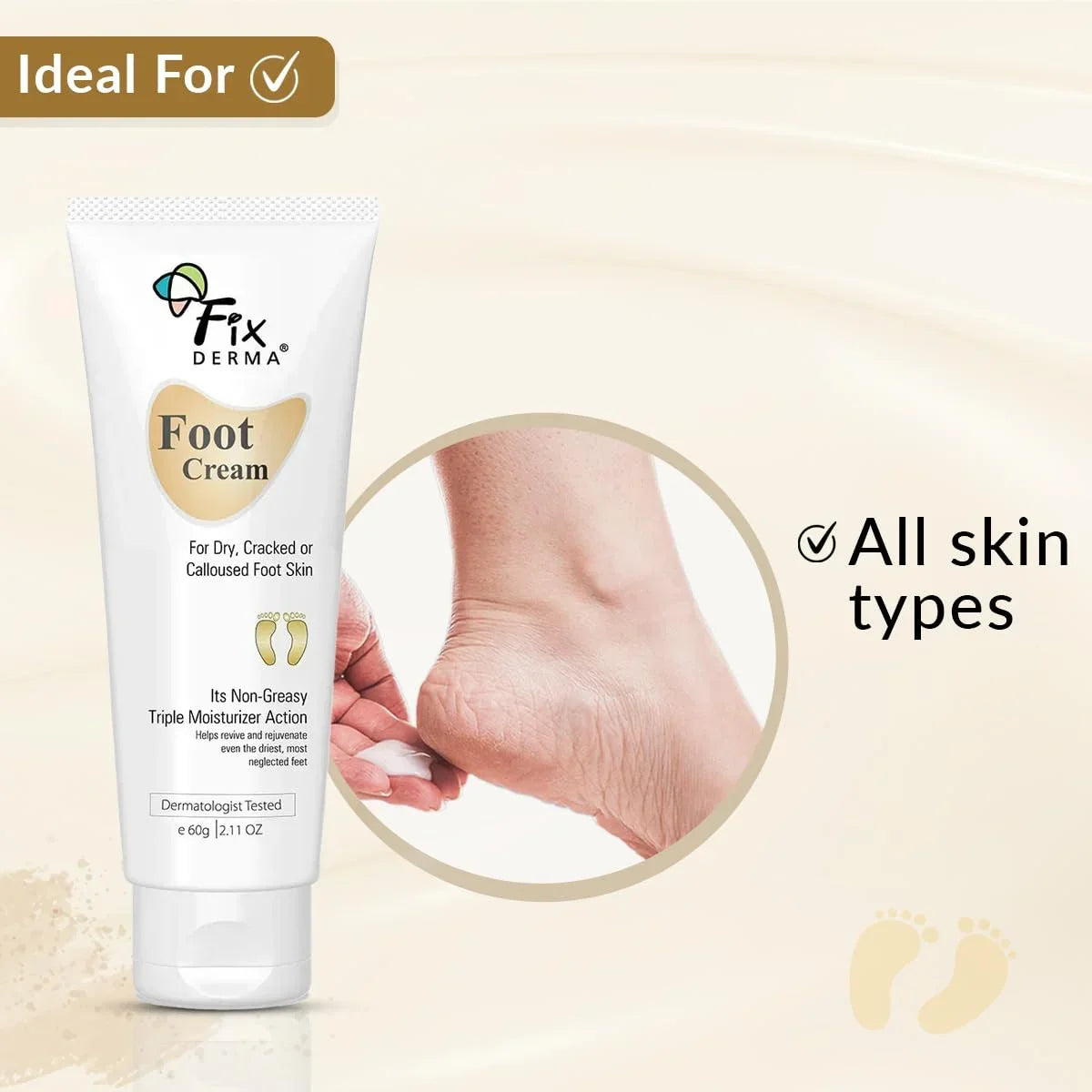 Feet, Moisturizes ML & 3% Dry Glycerine, and Free, Acid, Repair Types Cracked Foot All Lactic Paraben Sulphate Skin & Cream Fixderma 60 Urea, For Soothes 15% Heel 5% Feet,