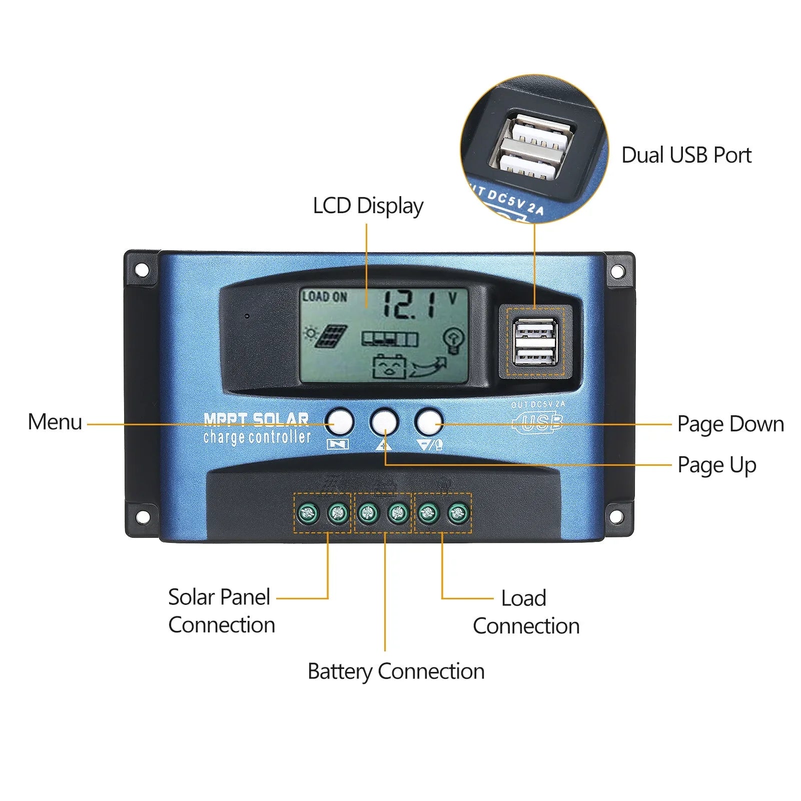 MPPT Controller USB Solar Controller MPPT USB Output LCD Solar Identification 12V/24V Charge Dual 5V/2A Smart Dual Automatic Tracking Screen