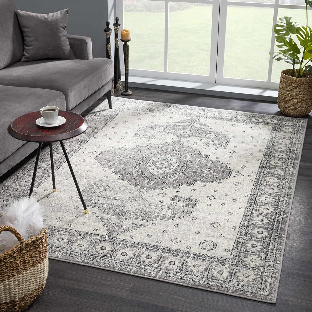 Persian Boho Collection Distressed 7'10" Grey, Traditional - Living Medallion Goksun - Beige - Pattern Vintage X Marash Bedroom, Indoor Rug - Room, Area 10' Oriental
