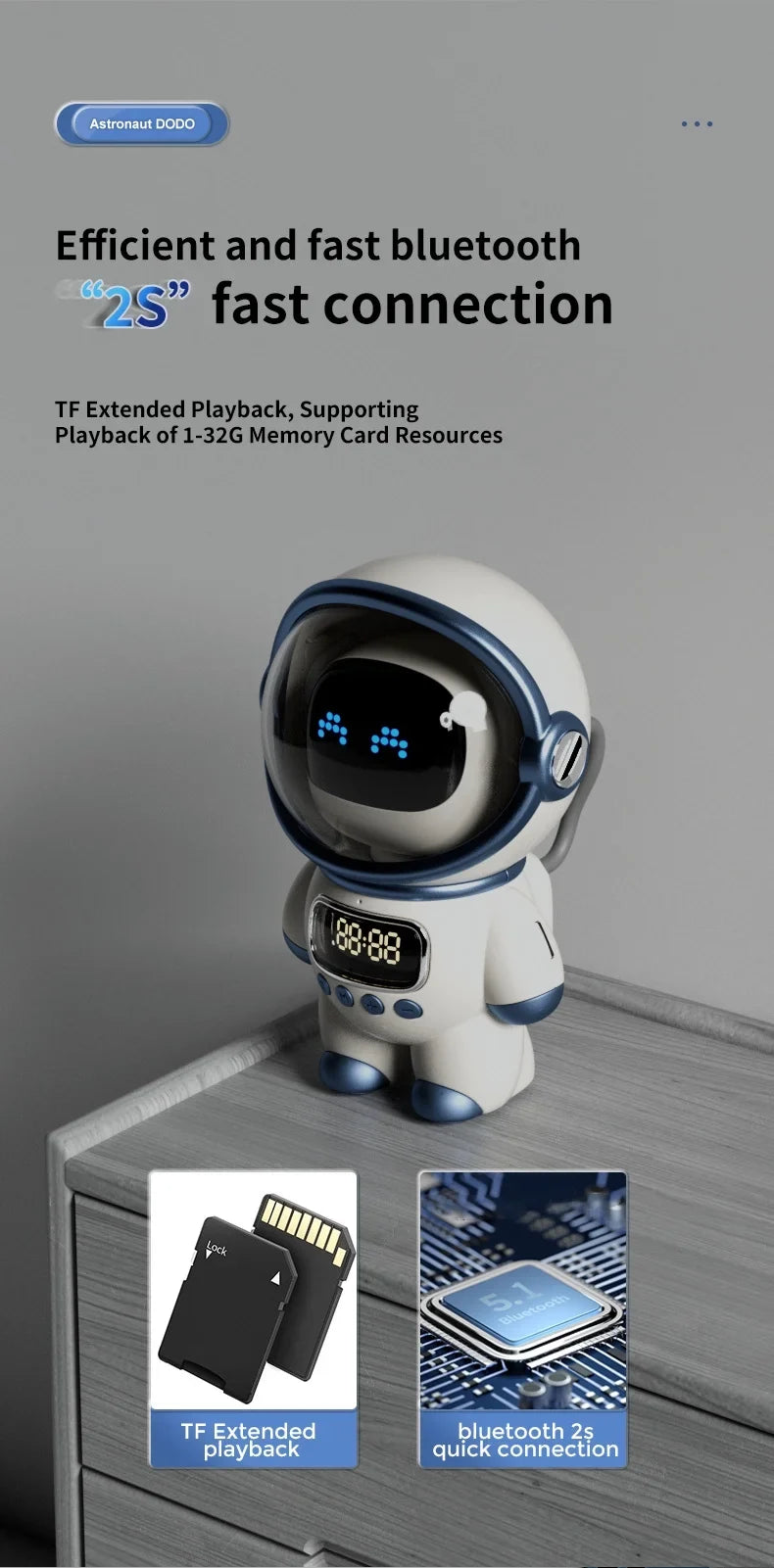 Card TF Smart Clock, Light with Astronaut-Shaped Alarm, Speaker and Bluetooth Sleep Support FM Night Radio,