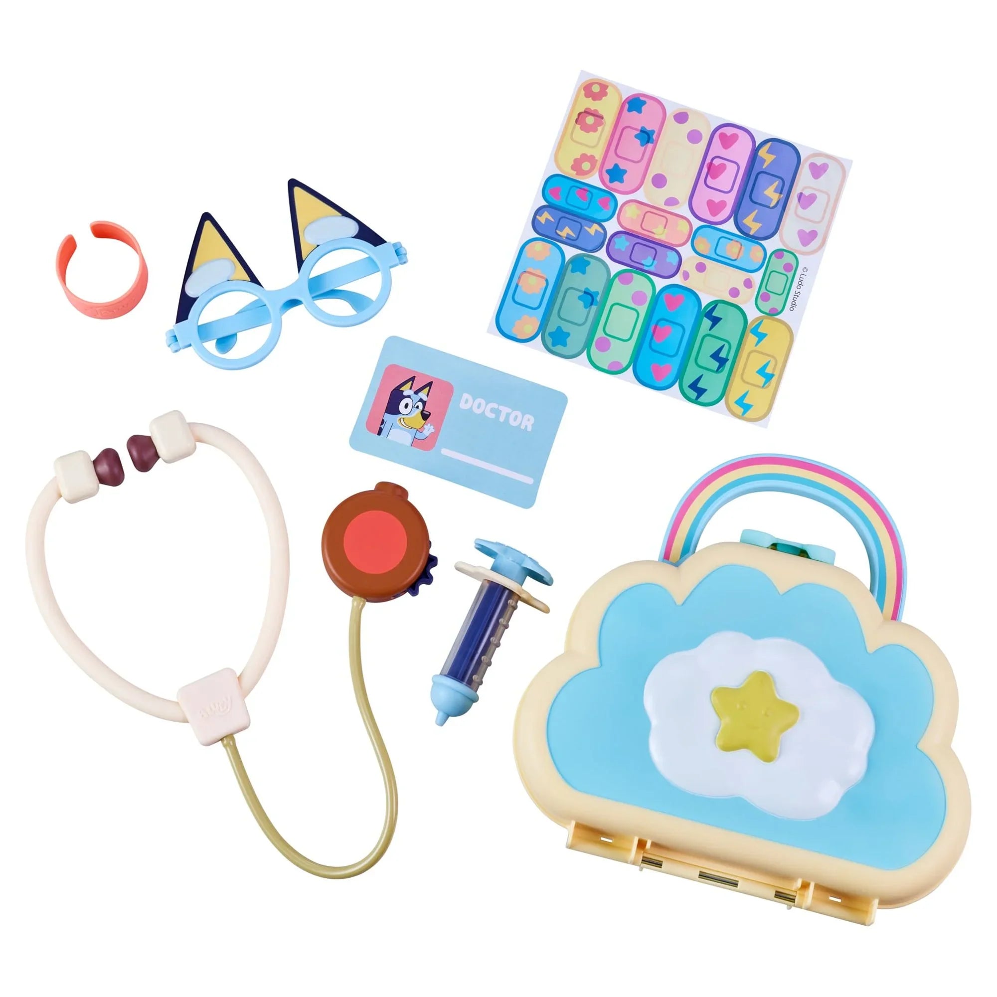 Cloud Ages Syringe, Pieces, Set, Bag toy Stethoscope, Bandage, Doctor's 7 Kids, Check 3+ Toy Preschool, and Doctor's Play Bluey Set, Toys for Playset more Up , Stickers, with Doctor