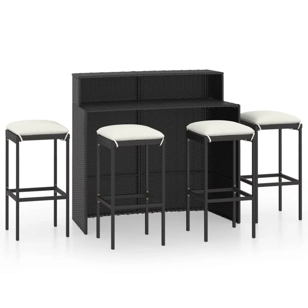 Anself Dining Poly Table Set Shelf Chairs with Storage 5 Cushioned Rattan 4 Patio and Terrace, Pub, Black Outdoor Piece Bistro, Bar for Garden Set Stool Backyard,