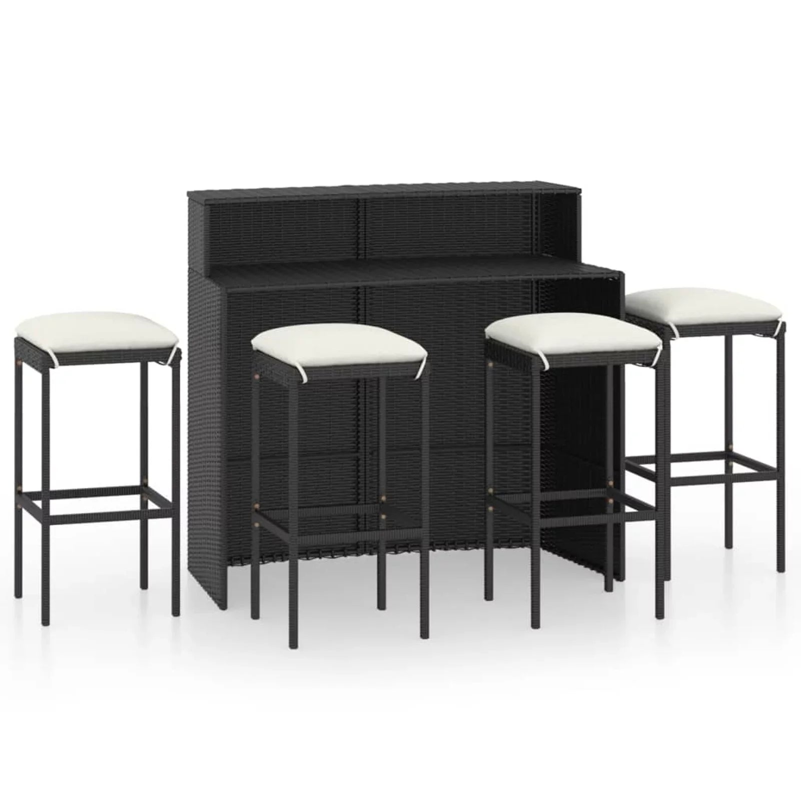 Anself Dining Poly Table Set Shelf Chairs with Storage 5 Cushioned Rattan 4 Patio and Terrace, Pub, Black Outdoor Piece Bistro, Bar for Garden Set Stool Backyard,