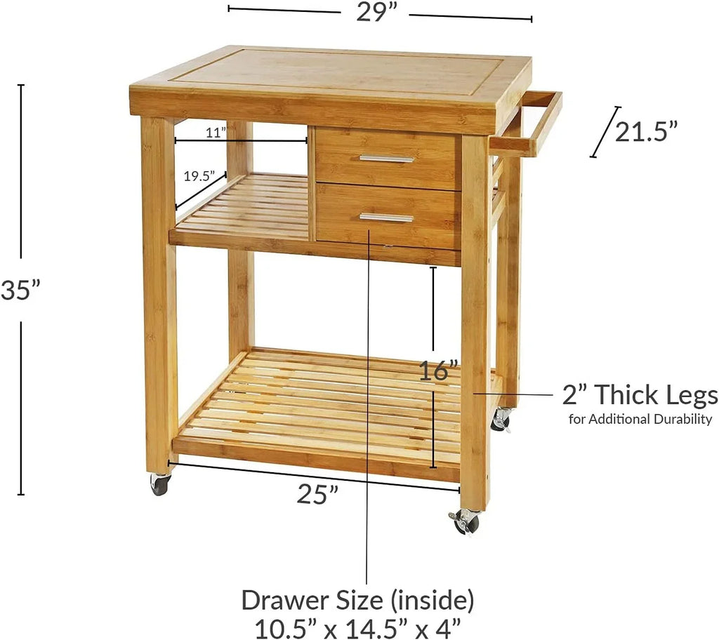 Shelves, Trolley Prepping Kitchen Cart Wood Locking Drawers Butcher On Food Bamboo Rolling Rack, With Cart Wheels, Island Casters, Block Towel