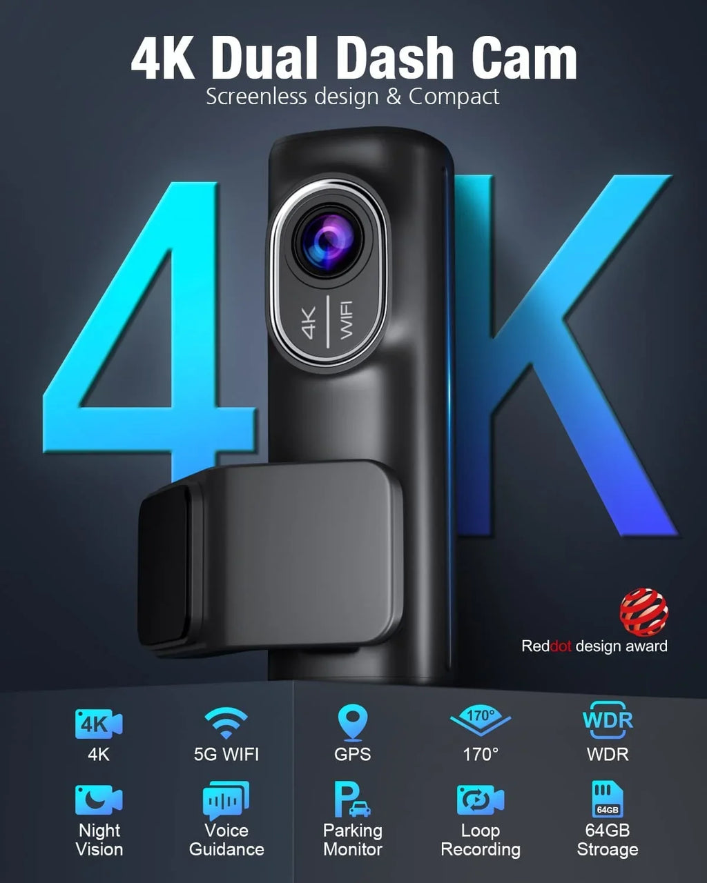 Cars 5G Dash Free Mode,170°Wide, Night for OMBAR Front WiFi Rear G-Sensor, and 24h SD 64G Cam Loop Card,WDR Vision, Recording, 4K/2K/1080P+1080P with APP GPS Parking