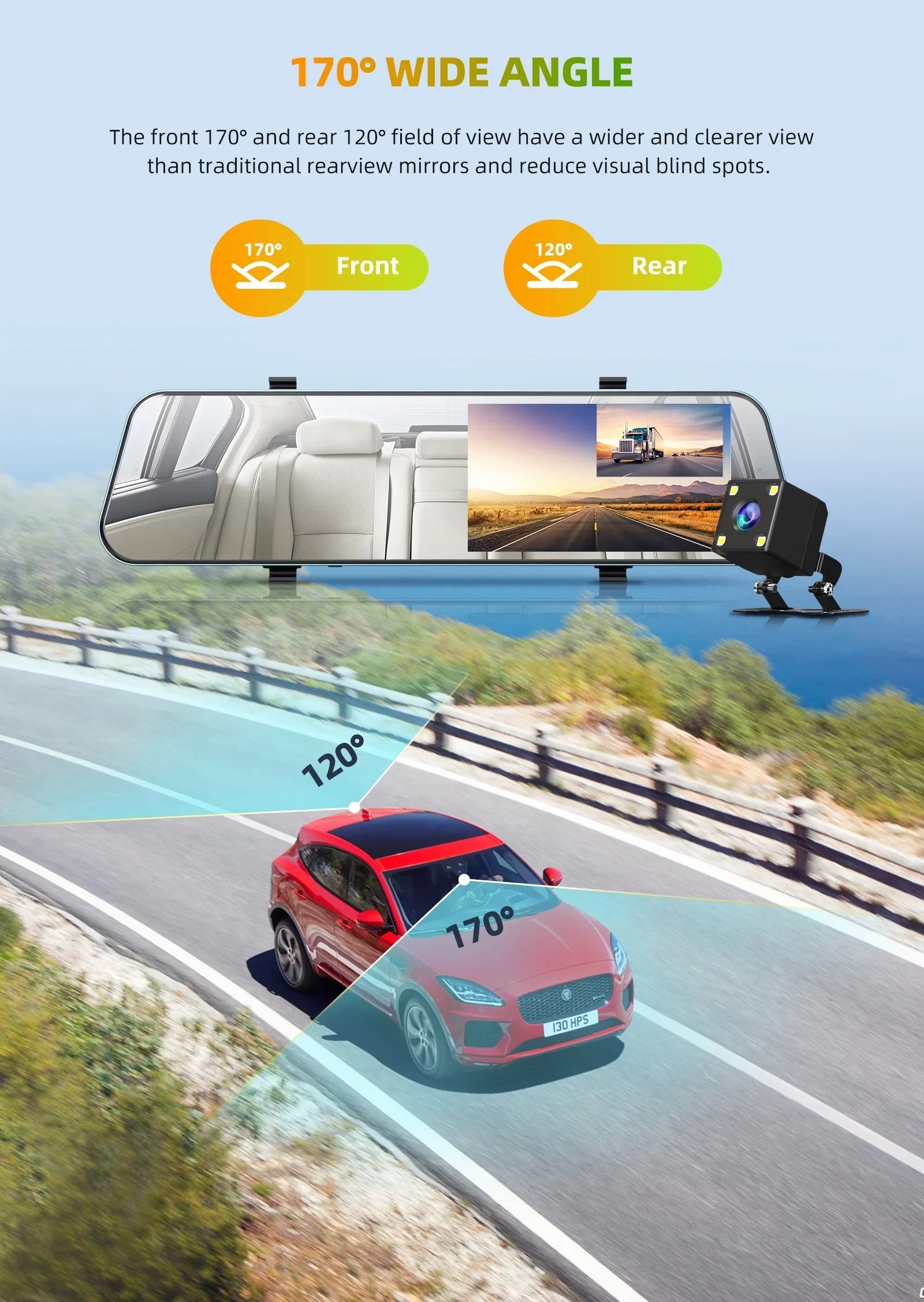 Full Lens with Front TOGUARD Backup Rear Camera HD Dual Rear 5" Camera Dash Waterproof Cam 1080P and
