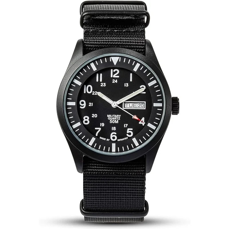 Outdoor Military Black Men's Watches Watch, Men Army Band Sport Tactical Work Wrist Hour Date Wristwatch, for Day 12/24 with Waterproof Field Nylon Analog,