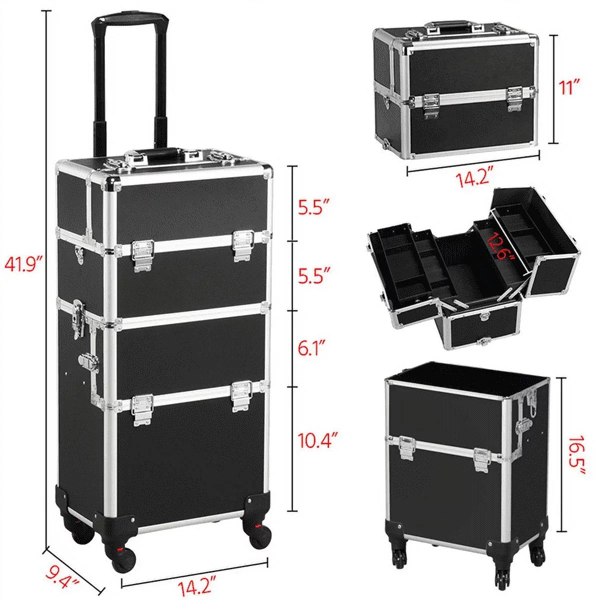 Rolling Makeup Professional 3-in-1 Easyfashion Case, Black Cosmetic