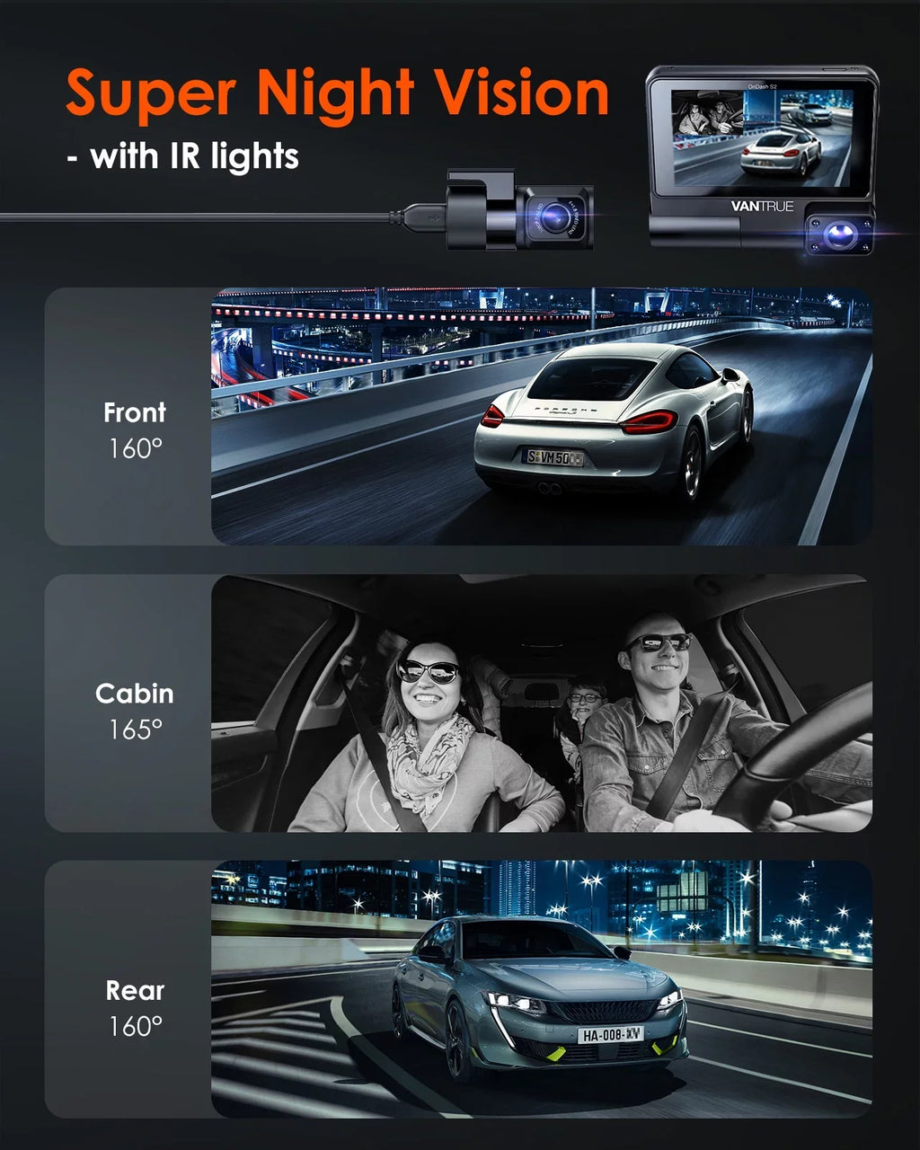 Screen Touchable IPS Monitor, 2K Cam, with Front+1080P 24h Channel 360° Car GPS Vantrue Interior Supercapacitor Dash Wide WiFi 30FPS built Rear 3 Camera in, inch Nearly +1080P S2 3 Angle, Parking