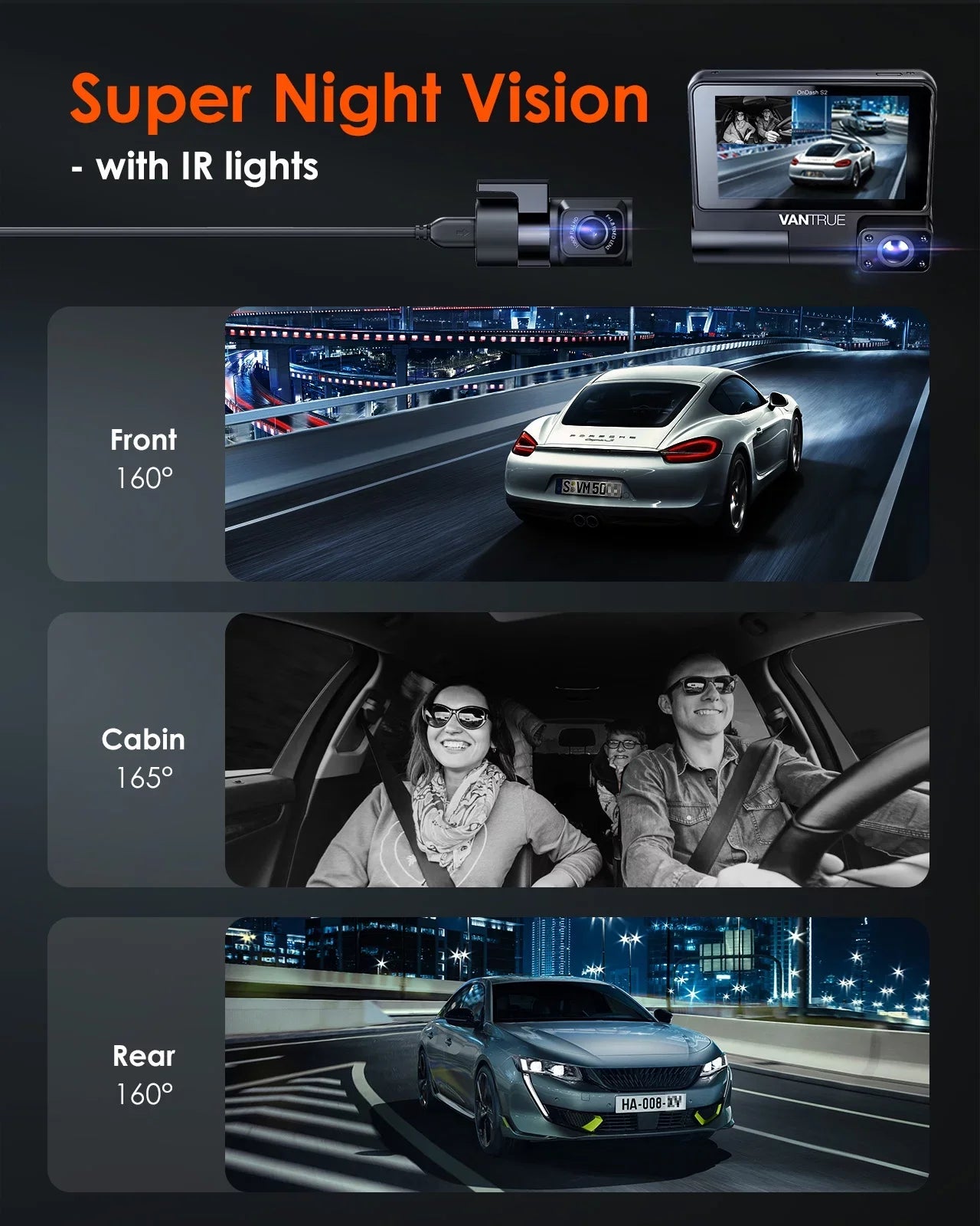 Screen Touchable IPS Monitor, 2K Cam, with Front+1080P 24h Channel 360° Car GPS Vantrue Interior Supercapacitor Dash Wide WiFi 30FPS built Rear 3 Camera in, inch Nearly +1080P S2 3 Angle, Parking