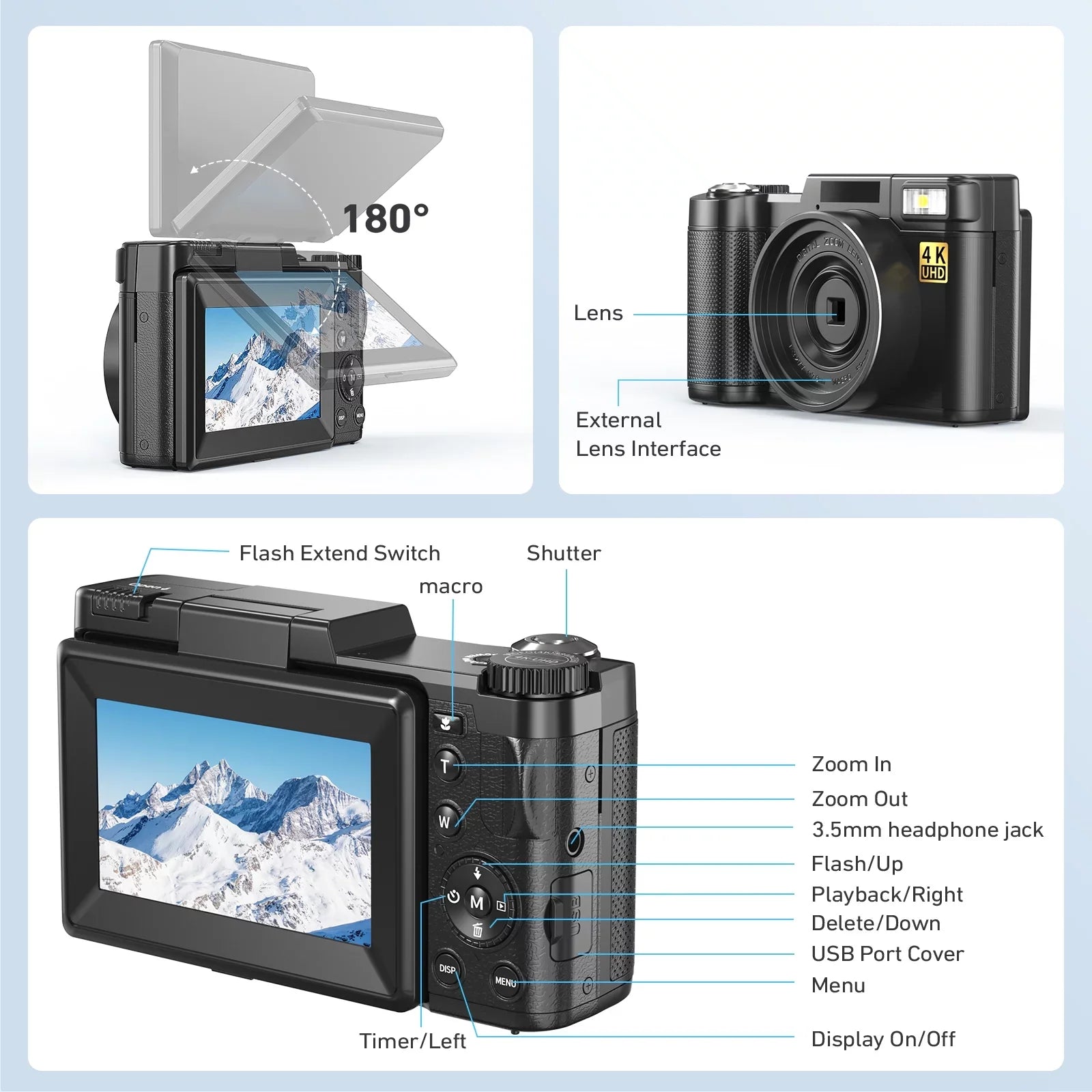Flash, Camera Screen Digital for Photography MARVUE Function 48MP 3’’ Camera Liftable with Macro Camera YouTube Digital Zoom 180°Flip Vlogging 4K & 16X