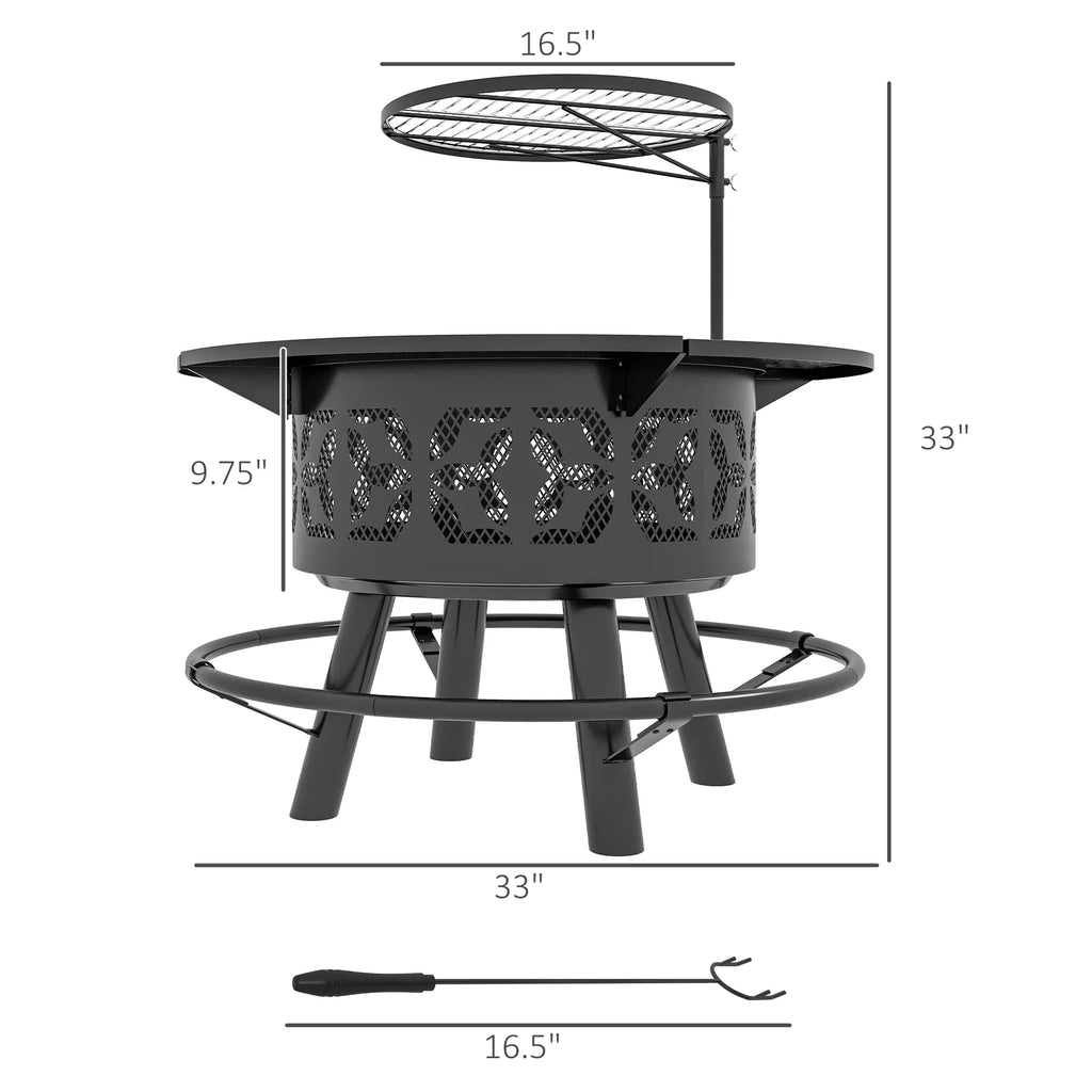 for Burning Cooking Outdoor with Round, Poker, 33" Grill Black Backyard, Grate BBQ Picnic, Fire and Wood Adjustable Capri Firepit Pit Patio,