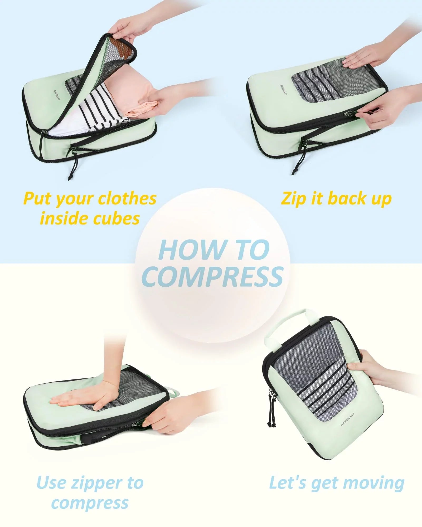 Expandable Storage Luggage Bags for Travel, Organizers Packing Packing 6 Cubes Travel Foldable Suitcase Lightweight Accessories, Pcs for BAGSMART Compression Green