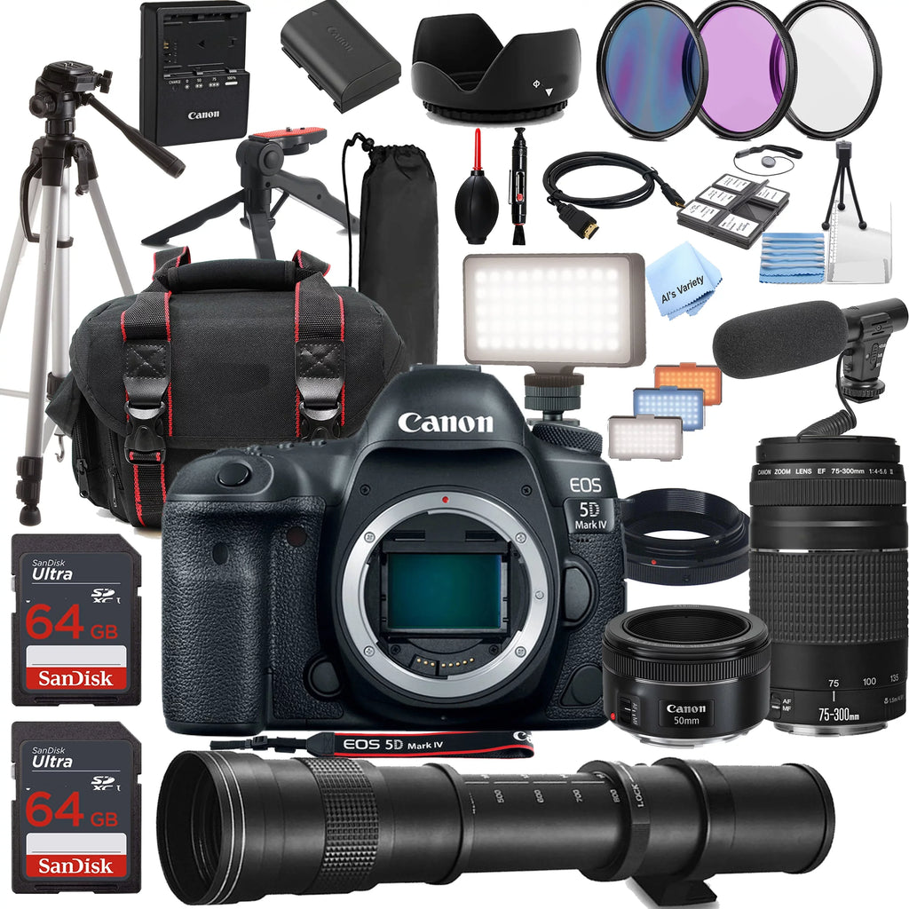 Tripod Case, Canon + + 50mm (34PC LED STM Memory, Camera + Kit) More + Always EOS Light Telephoto EF DSLR on Mark Super Bundle 420-800mm IV 5D w/ 75-300mm Lens 128GB Filters, +