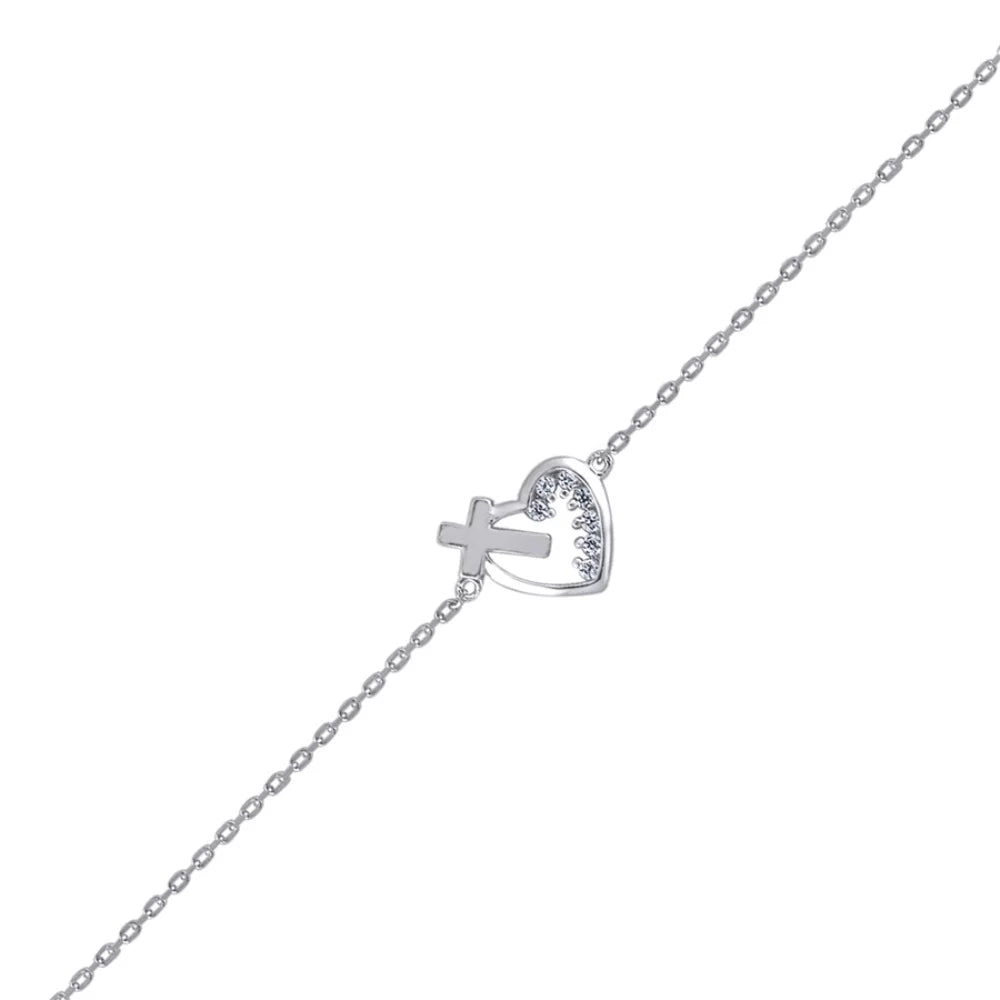 Rolo Cross Heart for Link Cubic Auriga Silver Sterling Women 925 Bracelet Zirconia and
