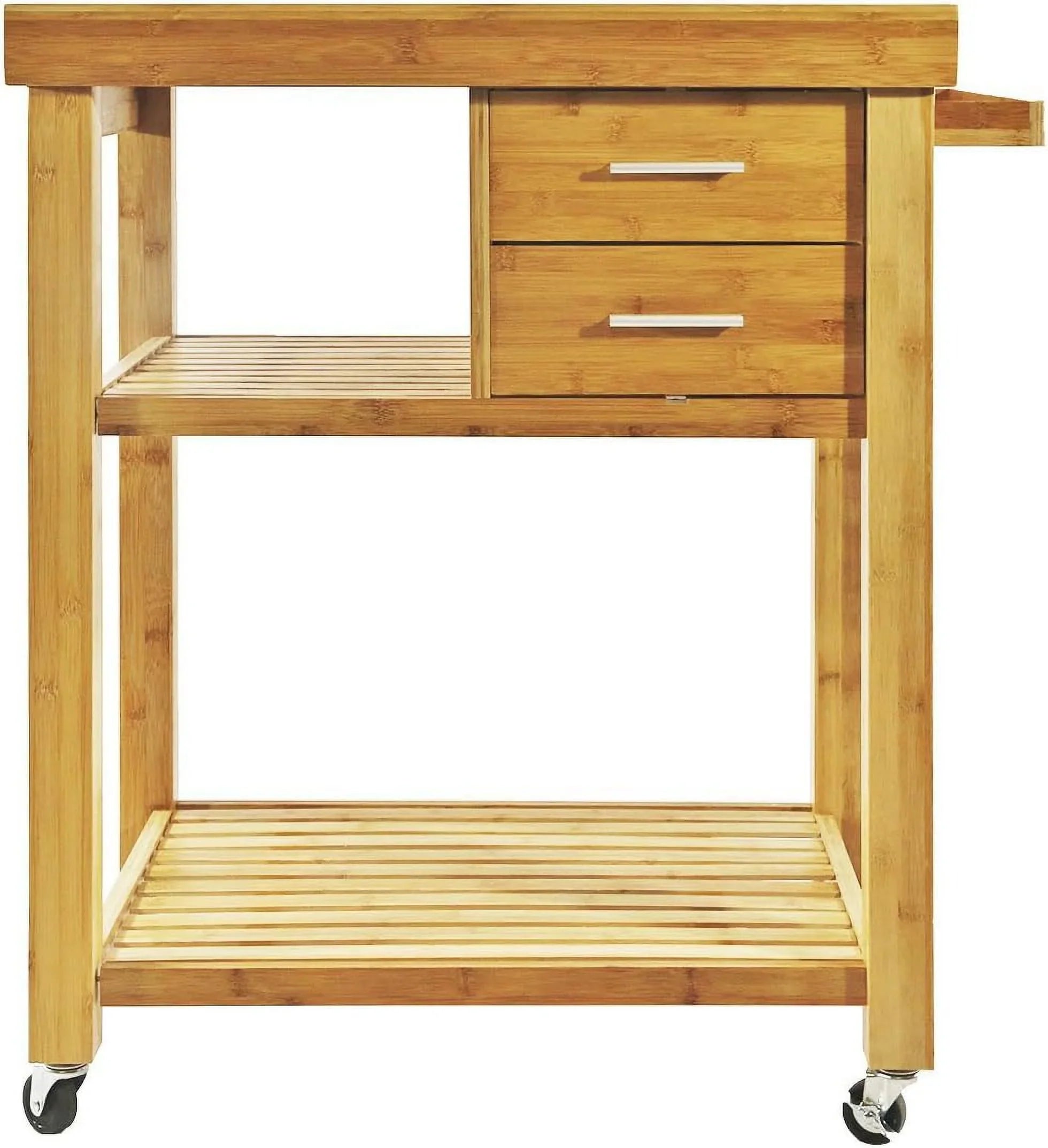 Shelves, Trolley Prepping Kitchen Cart Wood Locking Drawers Butcher On Food Bamboo Rolling Rack, With Cart Wheels, Island Casters, Block Towel