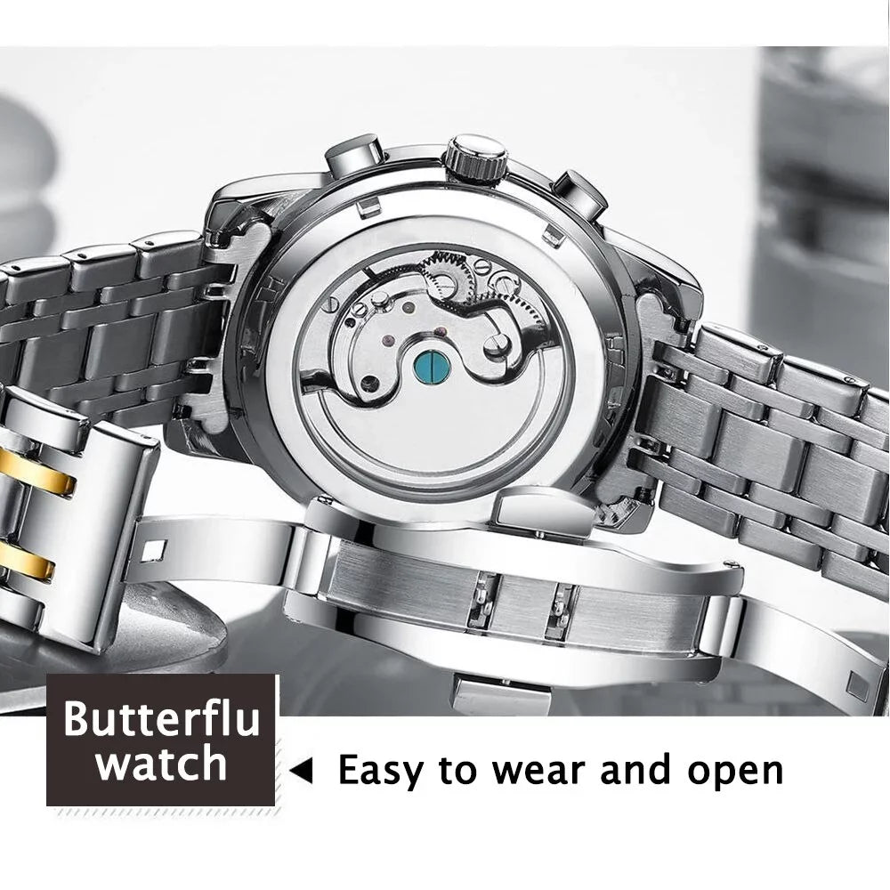 New Wristwatch Men Genuine Sports Mechanical Brand POEDAGAR Clock Chronograph Automatic Top Men Leather Luxury Watches