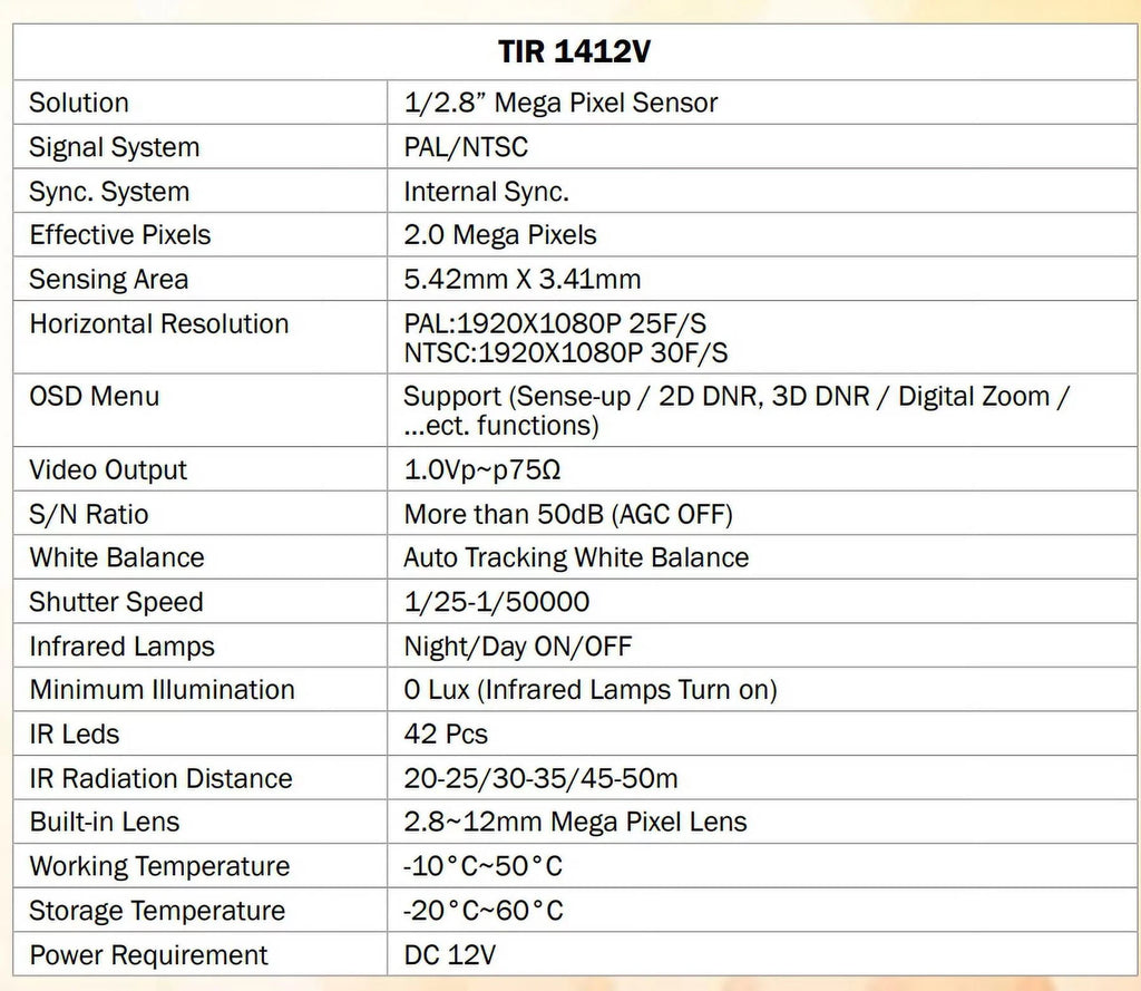 Bullet 2.8-12mm, Camera, LED Outdoor 12V IR 42 TIR-1412V-B DC, 2MP HD-TVI Sense-up Eyemax