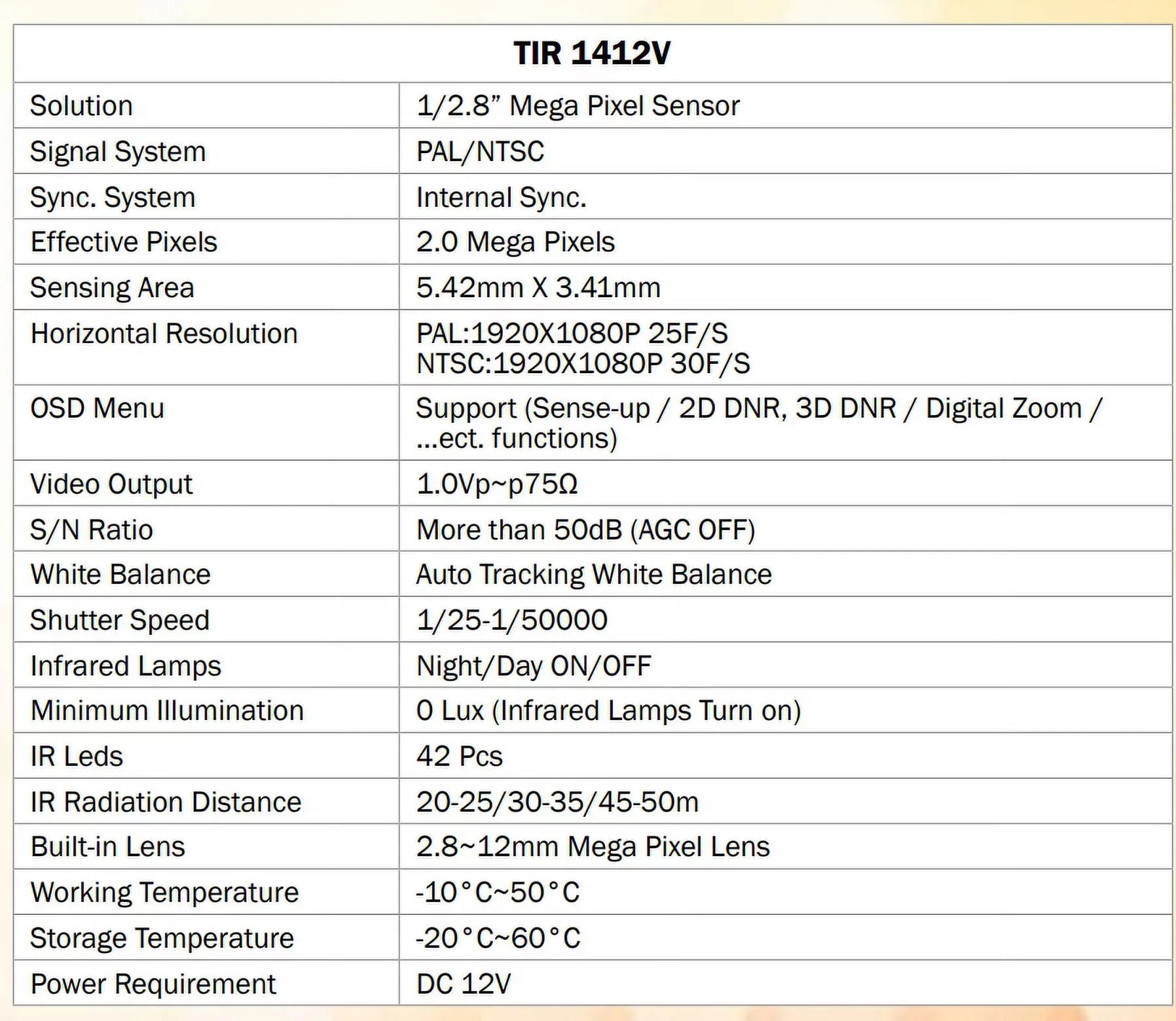 Bullet 2.8-12mm, Camera, LED Outdoor 12V IR 42 TIR-1412V-B DC, 2MP HD-TVI Sense-up Eyemax