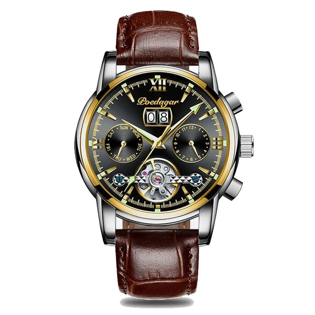 New Wristwatch Men Genuine Sports Mechanical Brand POEDAGAR Clock Chronograph Automatic Top Men Leather Luxury Watches