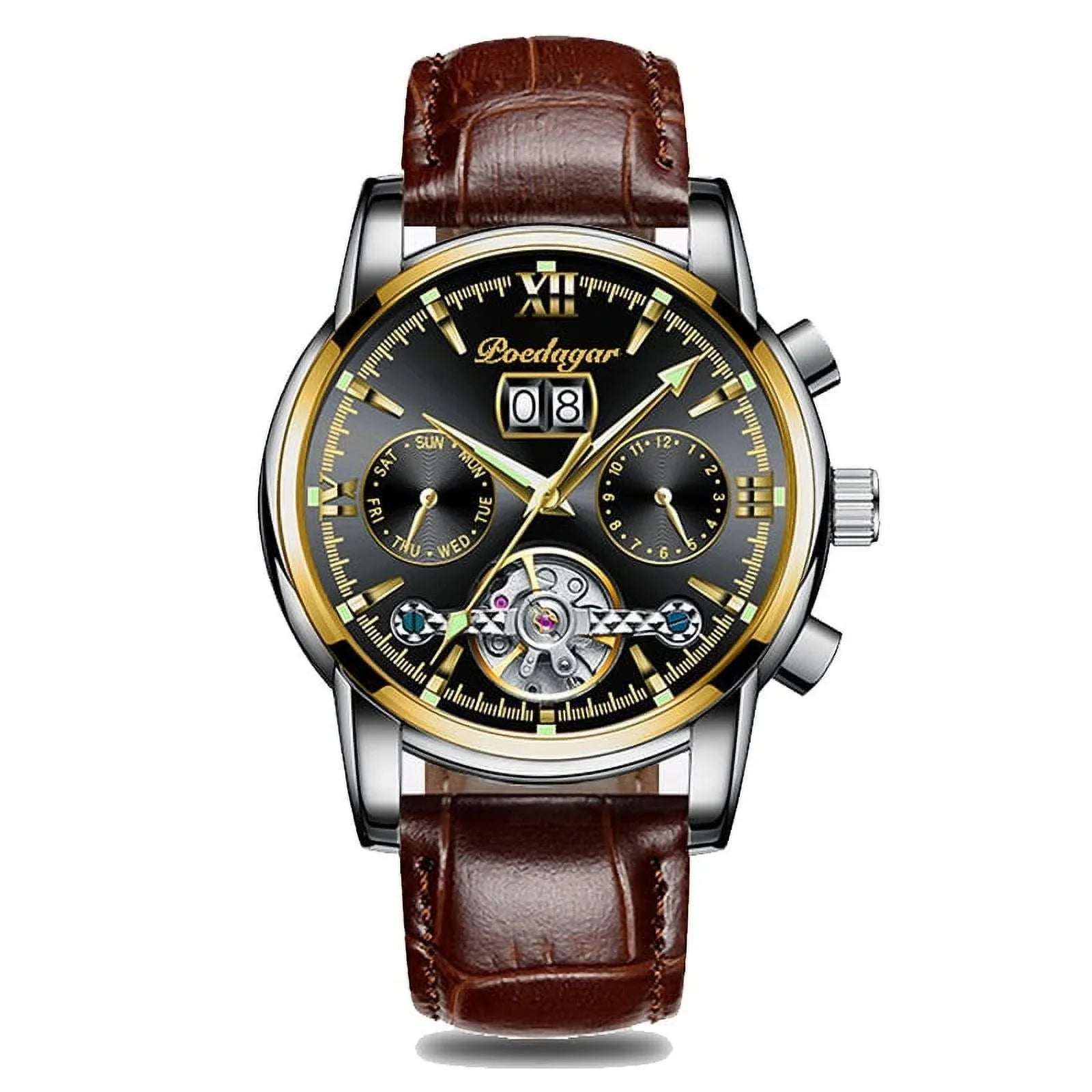 New Wristwatch Men Genuine Sports Mechanical Brand POEDAGAR Clock Chronograph Automatic Top Men Leather Luxury Watches