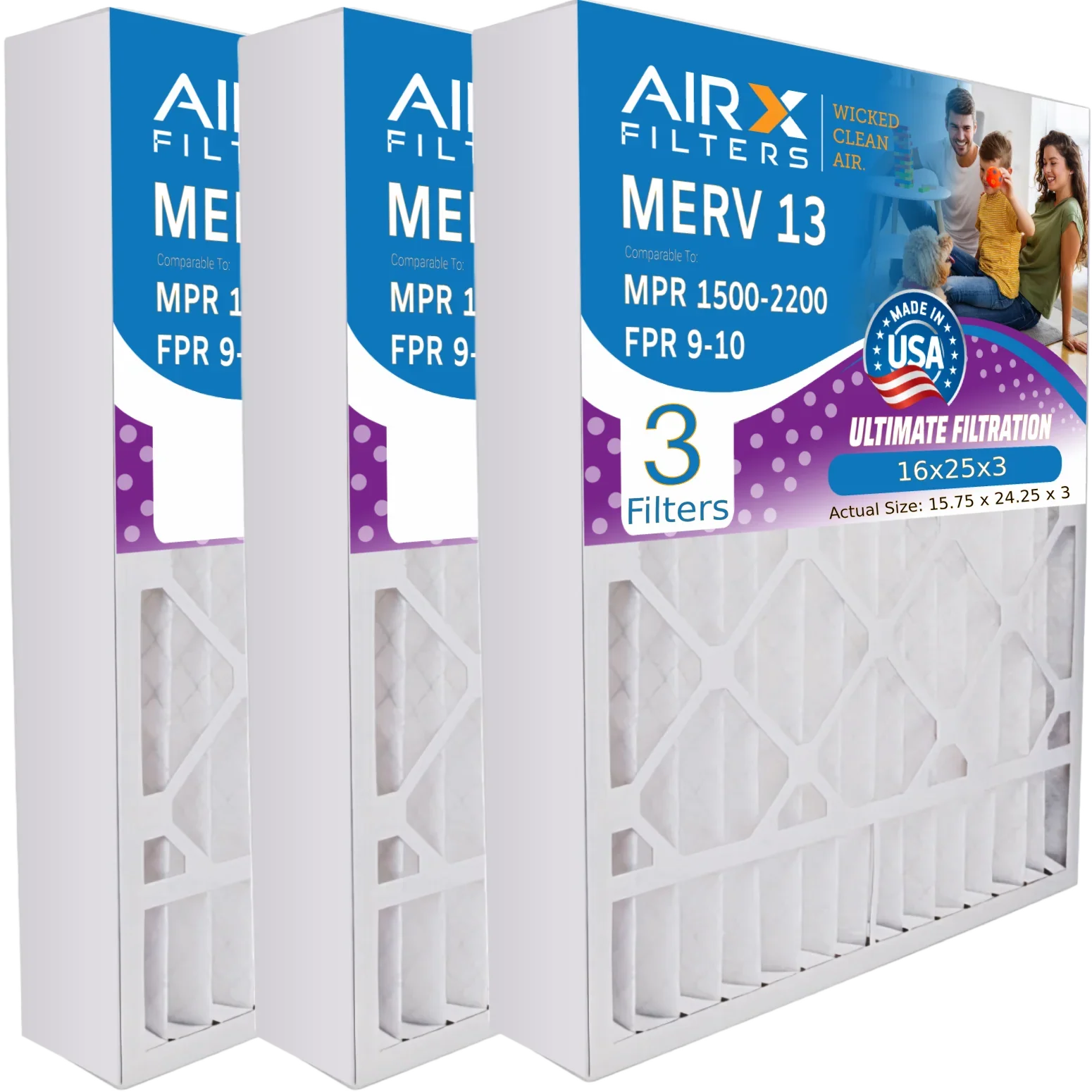 255649-101 MERV Air 2200 MPR 1500 - Premium & WICKED USA with Made 16x25x3 AIR. CLEAN Bear by FILTERS to Comparable Air 3 FPR Furnace 9 Compatible AIRX 13 Pack Filter 16x25x3 Filter