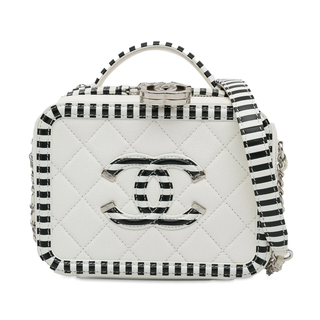 Pre-Owned Caviar Bag Small CC White Leather Vanity Unisex (Like Authenticated Filigree Chanel New)